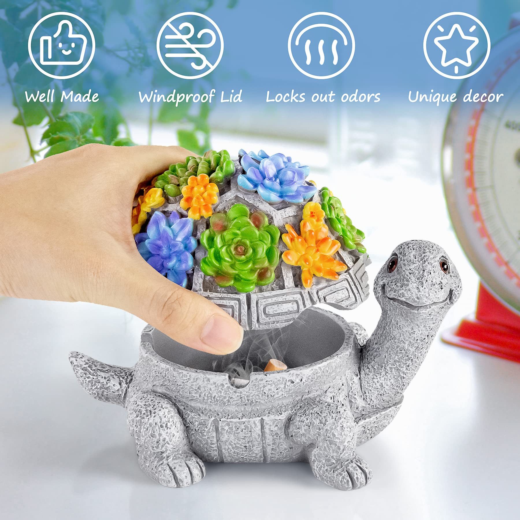 SURFOU Aschenbecher Ascher mit Deckel Schildkröte – Windgeschützter Tischascher aus Harz, Dekorativer Aschenbecher aus Resin mit Deckel, windfest und handbemalt