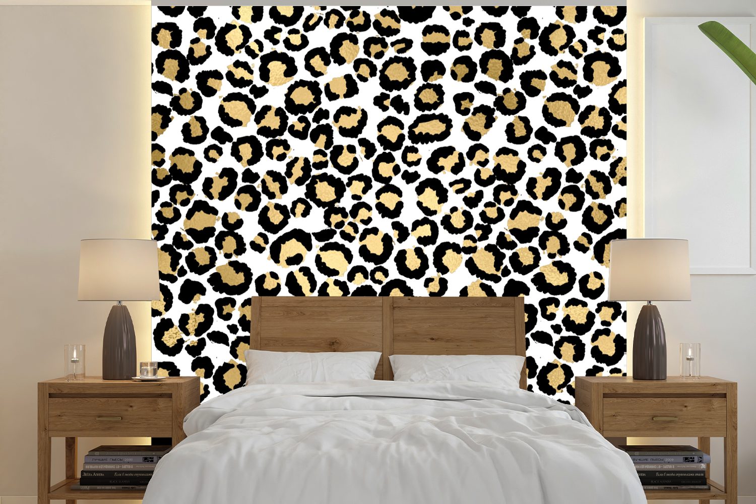 MuchoWow Fototapete Muster - Pantherdruck Gold, (5 oder Tapete Wohnzimmer bedruckt, für St), Schlafzimmer, - Wandtapete Matt, Vinyl