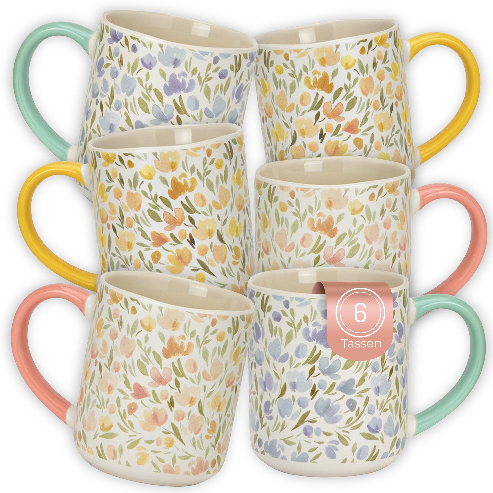 matches21 HOME & HOBBY Tasse Kaffeetassen mit Blumen Dekor, 6er Set Designertassen, 6-tlg., Porzellan, Moderne Pastell Frühstückstasse 385 ml