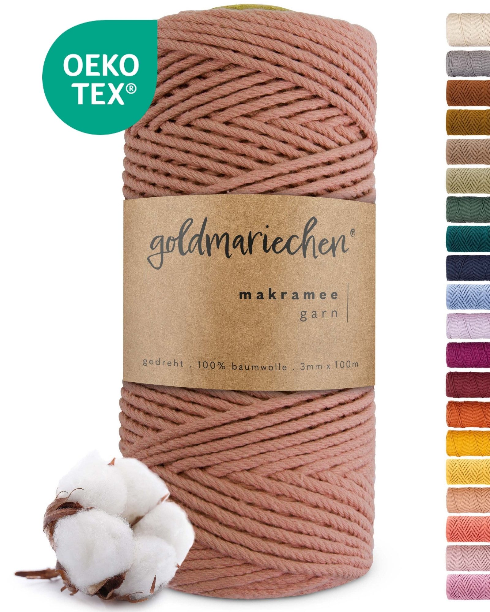 goldmariechen Makramee-Garn 3mm mehrfach gedreht Bastelgarn, 100% Baumwolle