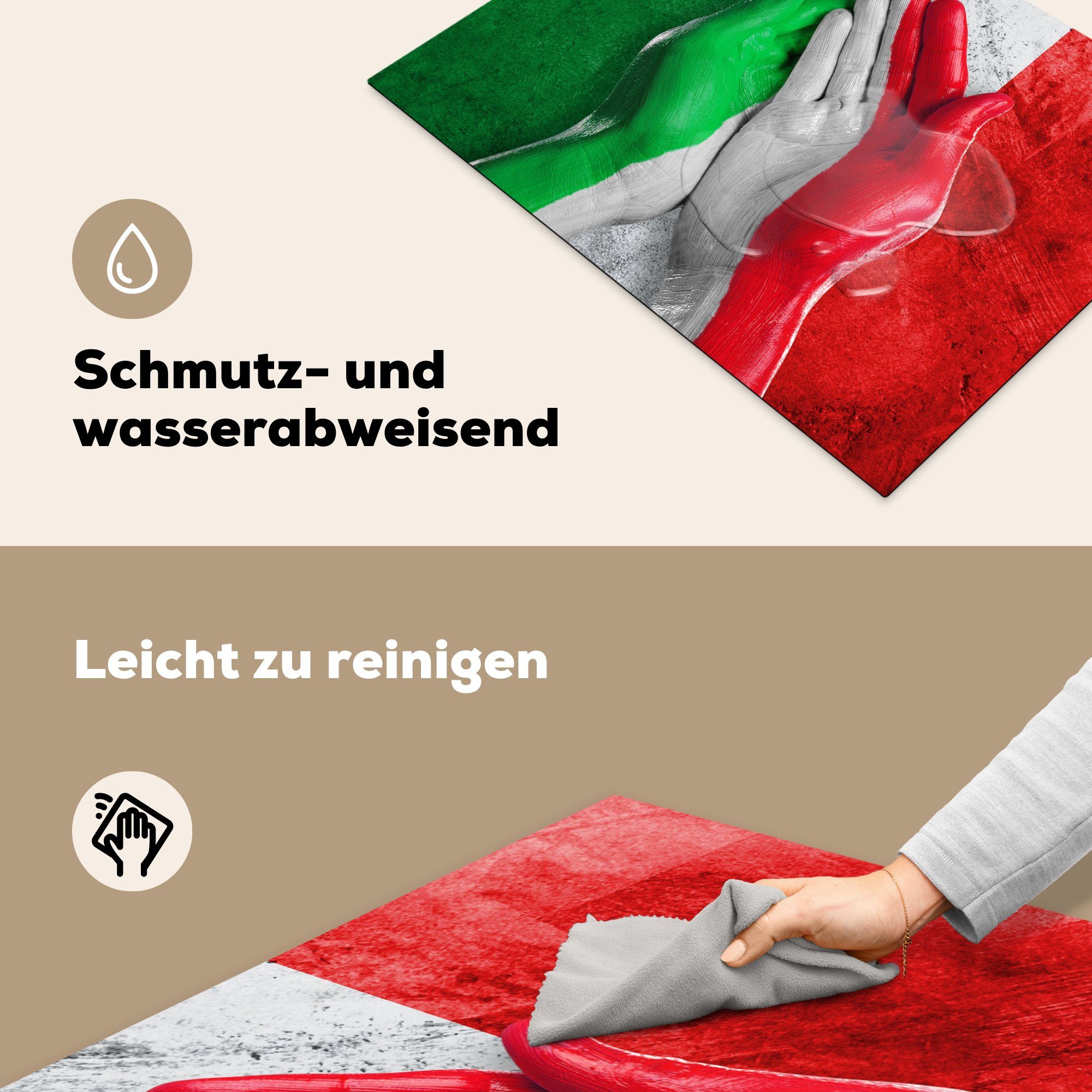 die Schutz Ceranfeldabdeckung Flagge Die küche, MuchoWow Vinyl, Italiens Induktionskochfeld in Form (1 71x52 tlg), Händen, von Herdblende-/Abdeckplatte 2 cm, für