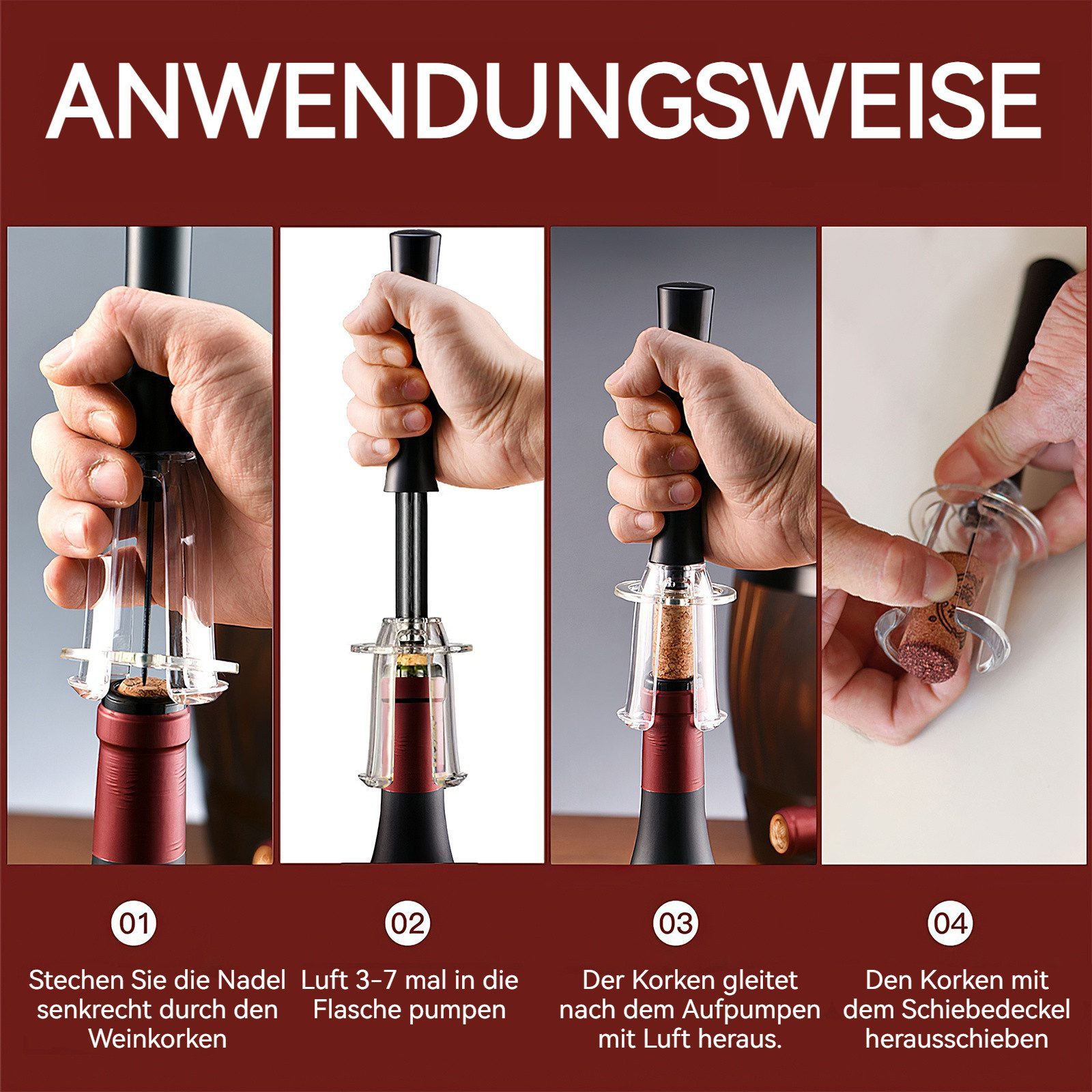 BlingBin Korkenzieher 4-fach Druckluft-Korkenzieher Set mit integrierter Luftpumpe, (4er Set, 4 tlg., mit Weinöffner,Folienschneider,Weinbelüfter,Weinverschlüsse-Ausgießer), manuelles Weinöffnungsset für Bar, Zuhause und Outdoor