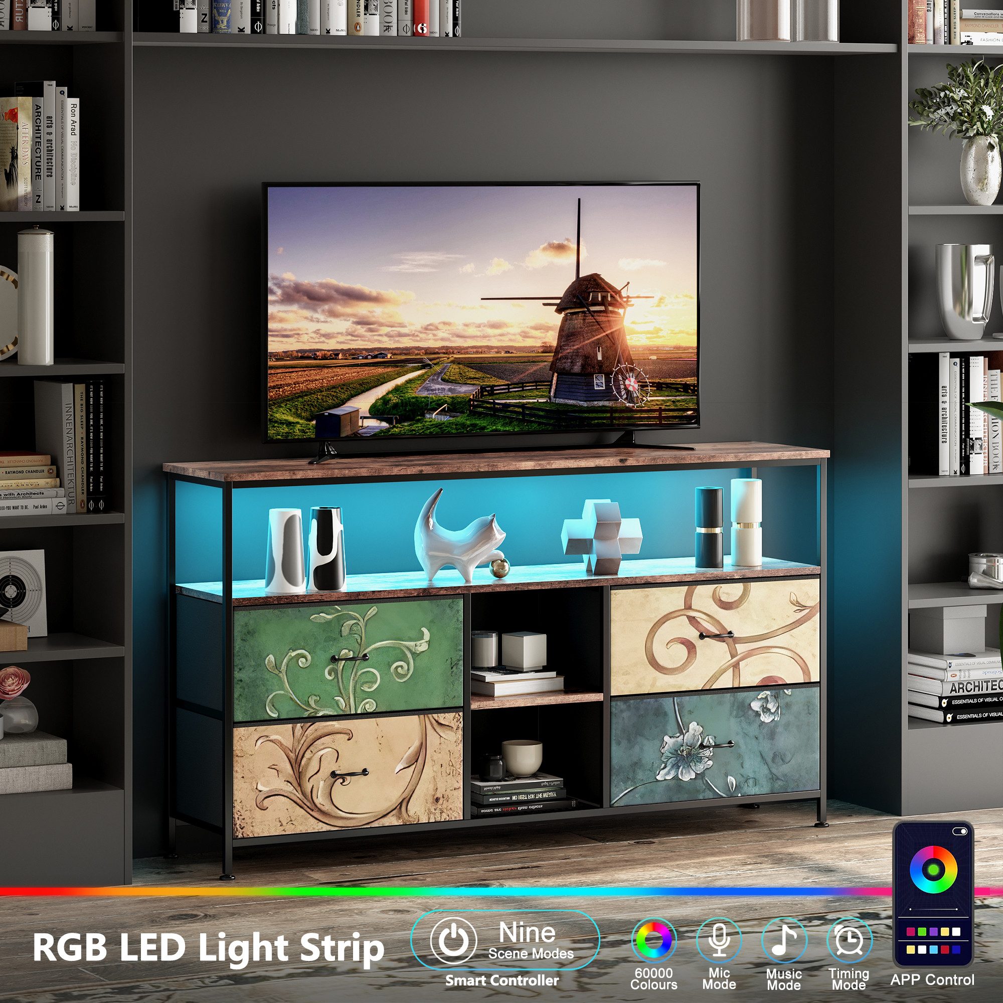 Simurq TV-Schrank Lowboard TV-Bank, mit LED und Schubladen und offenen Regalen (1er Set) mit LED und 4 Schubladen und 2 offenen Regalen, 108x29.8x76.8
