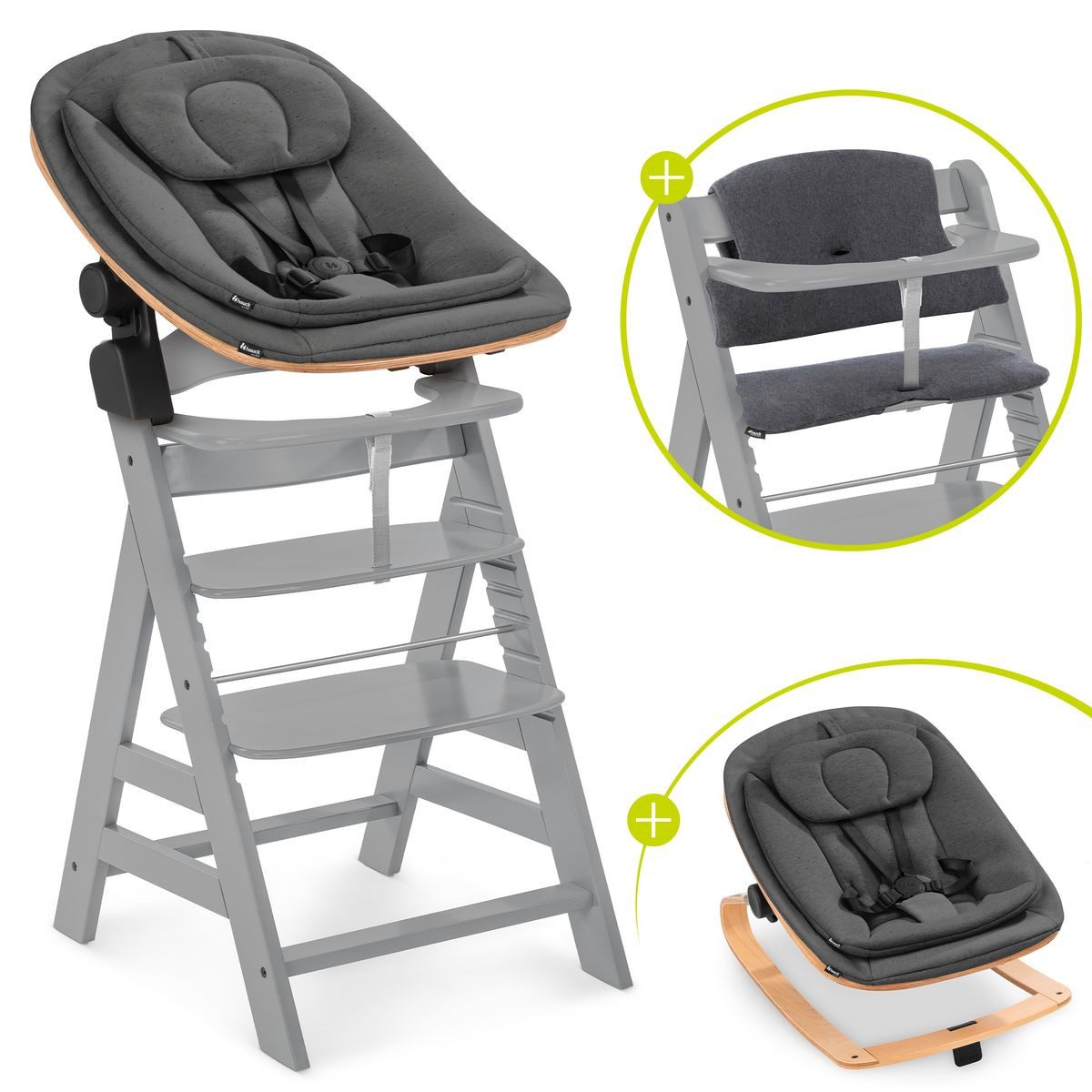 Hauck Hochstuhl Alpha Plus Newborn Set Eco - Grey, Holz Babyhochstuhl ab Geburt inkl. Neugeborenenaufsatz & Sitzauflage
