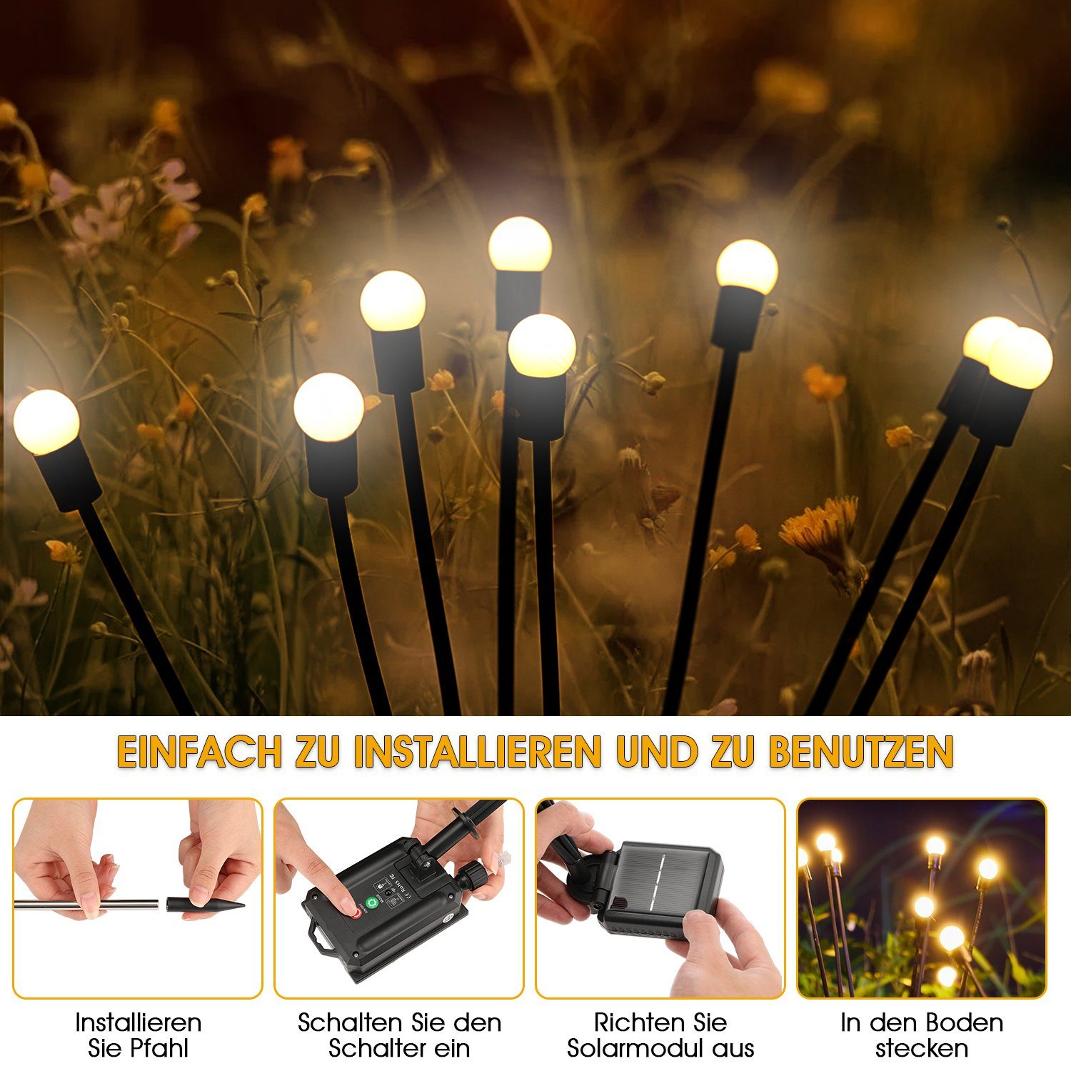 oyajia LED Solarleuchte Warmweiß, 1 8 LED integriert, 1/2x fest Solarbetriebene Glühwürmchen-Lichter LEDs Stück Lichter Solar Glühwürmchen Schwankende