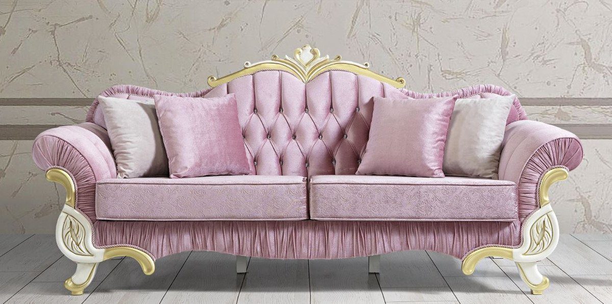 Casa Padrino Sofa Barock Wohnzimmer Sofa mit Glitzersteinen Rosa / Weiß / Gold 228 x 105 x H. 85 cm - Edel & Prunkvoll