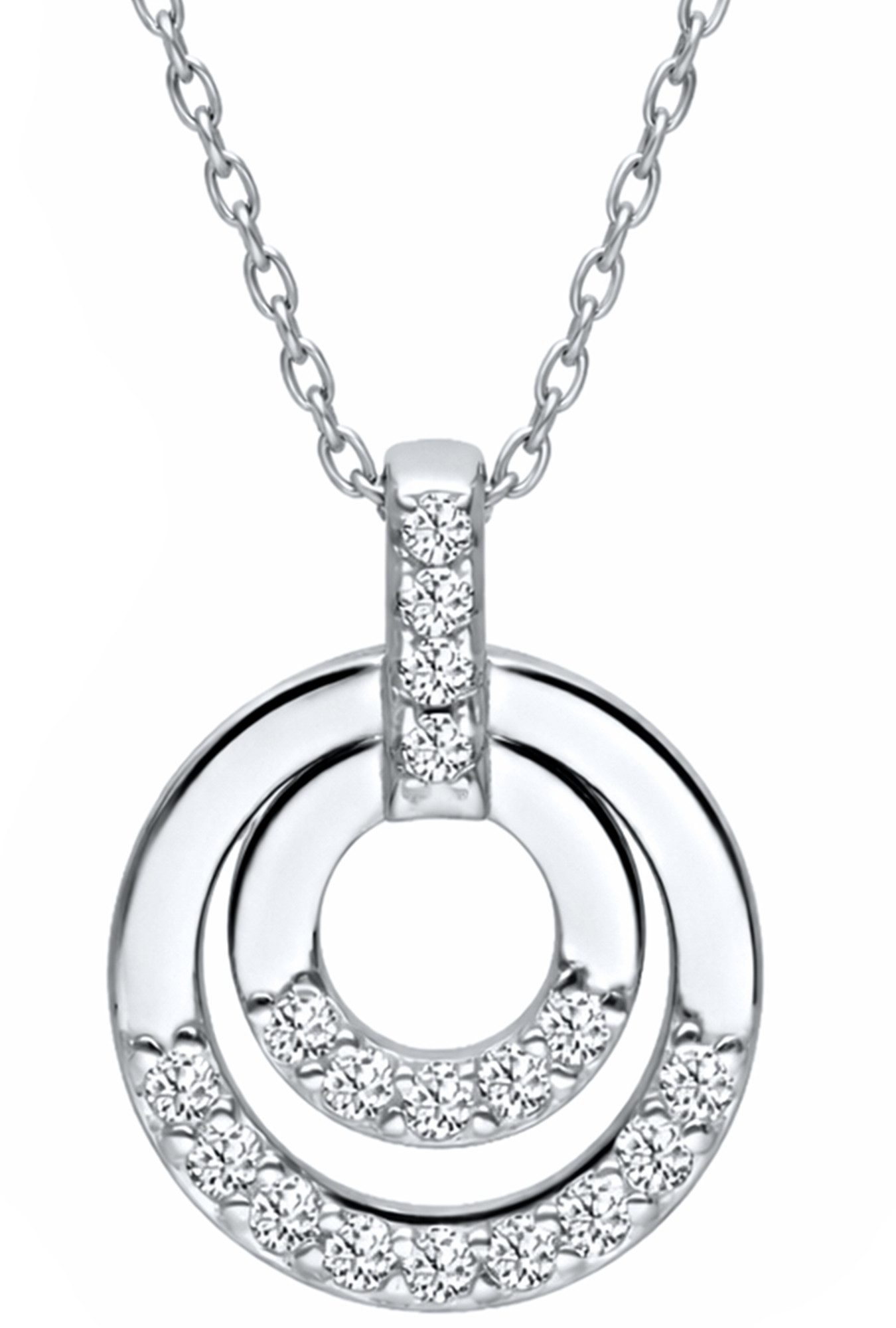 Limana Kette mit Anhänger Damen 925 Silber rhodiniert Doppelkreis Anhänger mit Zirkonia (Schmuck Silberkette Silberschmuck Echtschmuck inkl. Dose), Geschenk für Freundin Frauen Geburtstag Mutter Muttertag Weihnachten