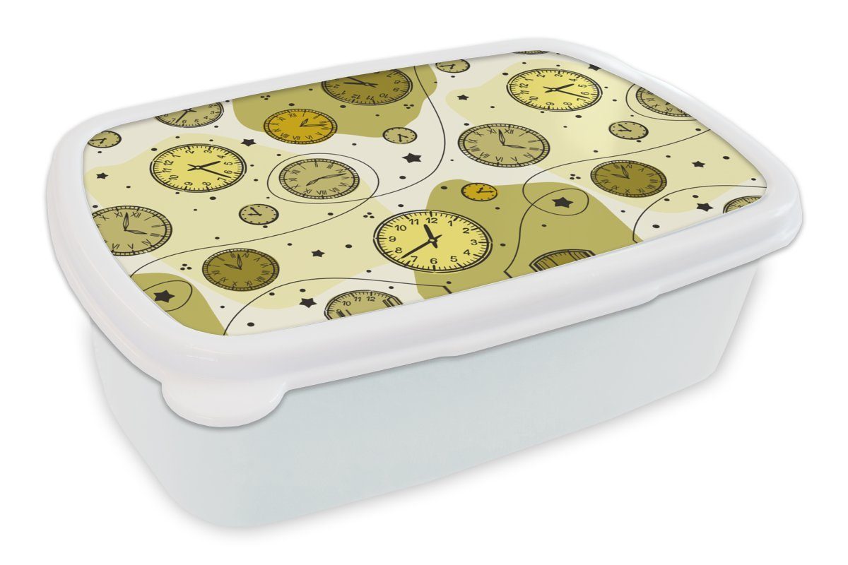 MuchoWow Lunchbox Retro - Uhr - Muster - Polka dots, Kunststoff, (2-tlg), Brotbox für Kinder und Erwachsene, Brotdose, für Jungs und Mädchen weiß