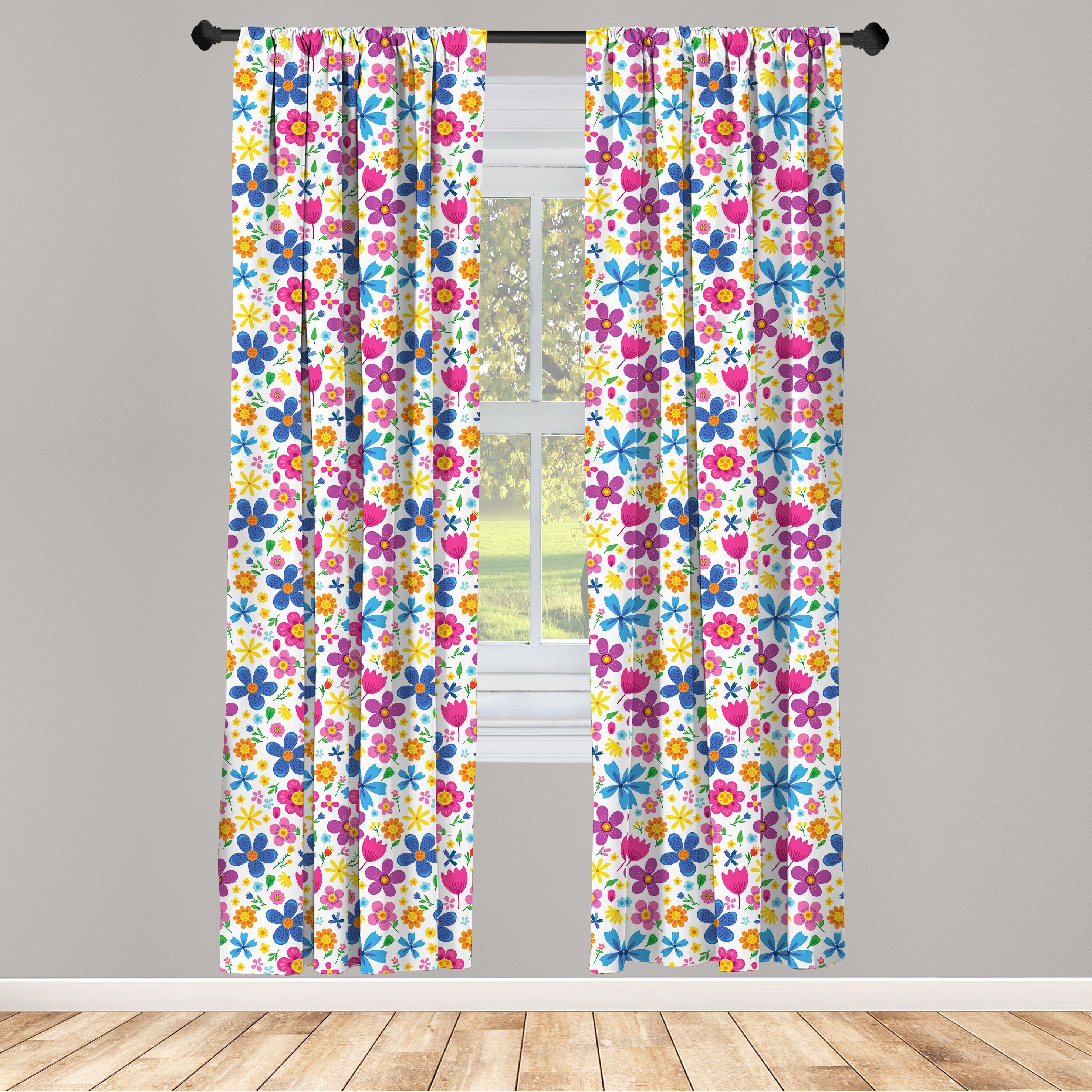 Gardine Vorhang für Wohnzimmer Abakuhaus, Frühling Blumen Blumen Lustige Cartoon Schlafzimmer Microfaser, Dekor