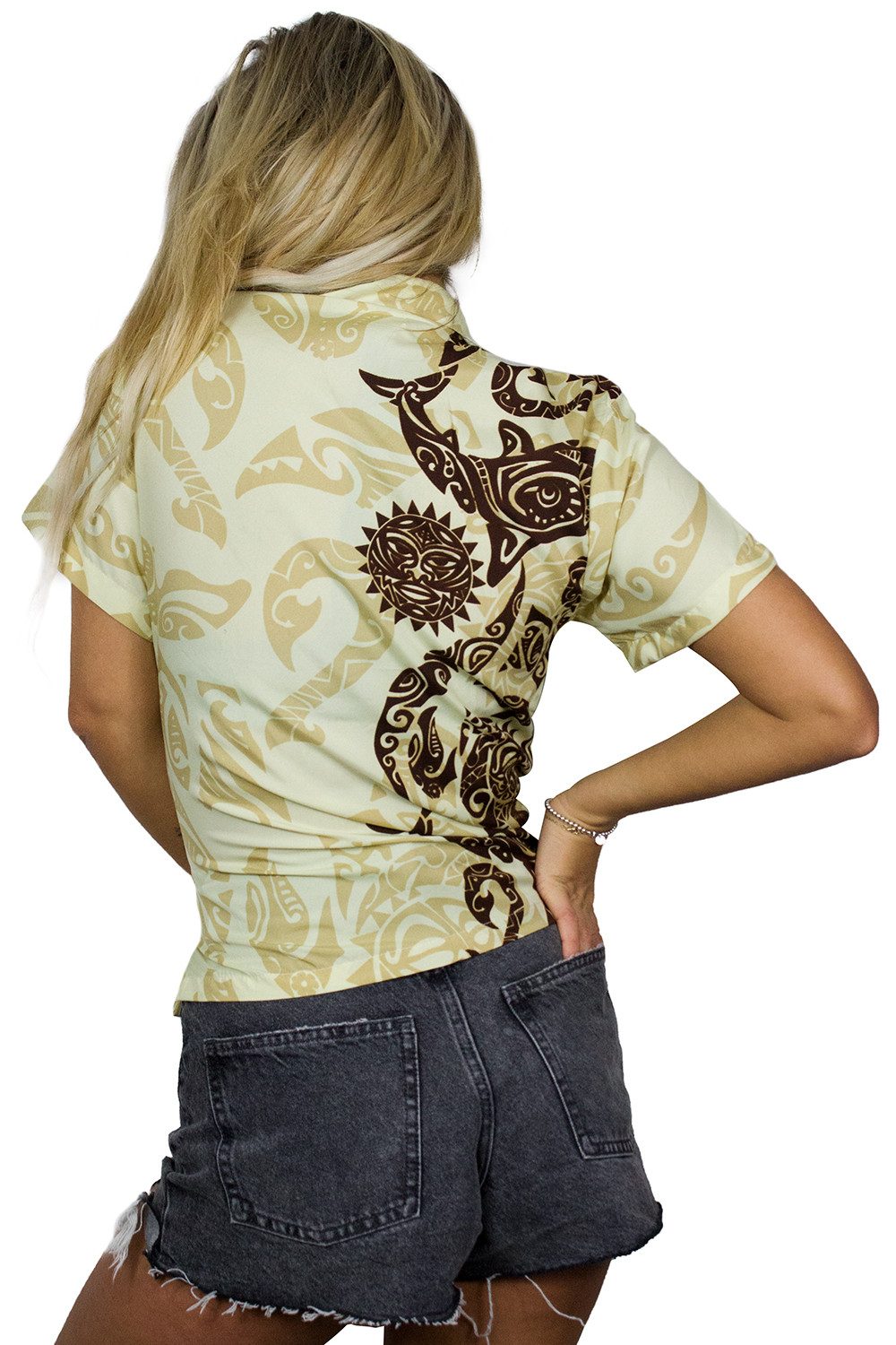 King Kameha Hawaiihemd Maori Wedding Funky Hawaiibluse Damen Kurzarm Front-Tasche Stylish