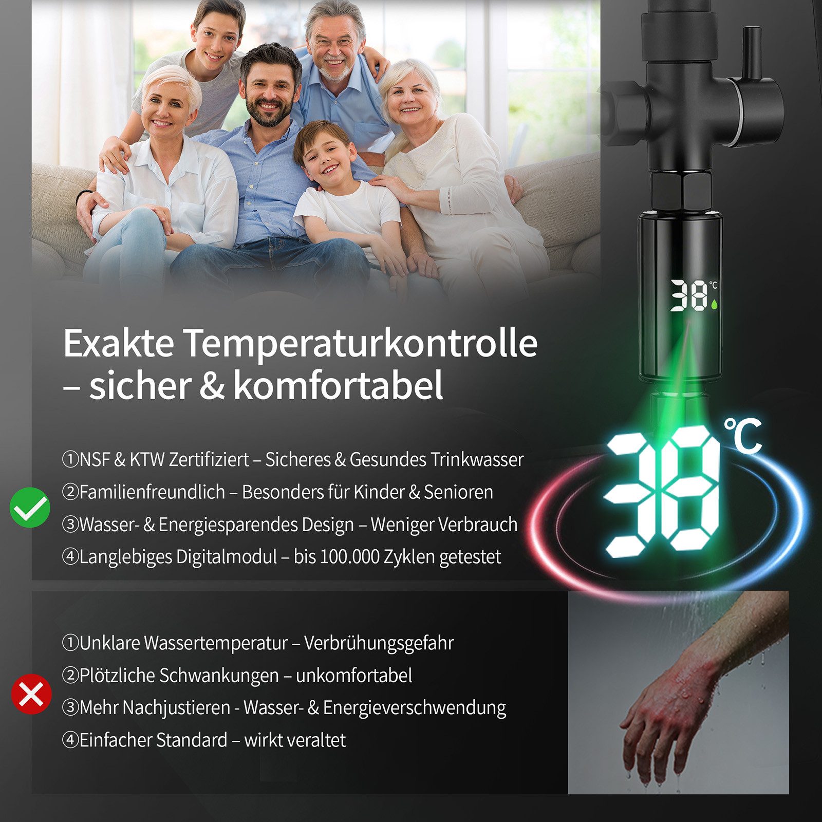 HOMELODY Duschsystem Regendusche 10 Zoll LED Temperaturanzeige 2 Funktionen, Mit LED Anzeige, 3 Strahlarten, höhenverstellbar, kein zweites Bohren