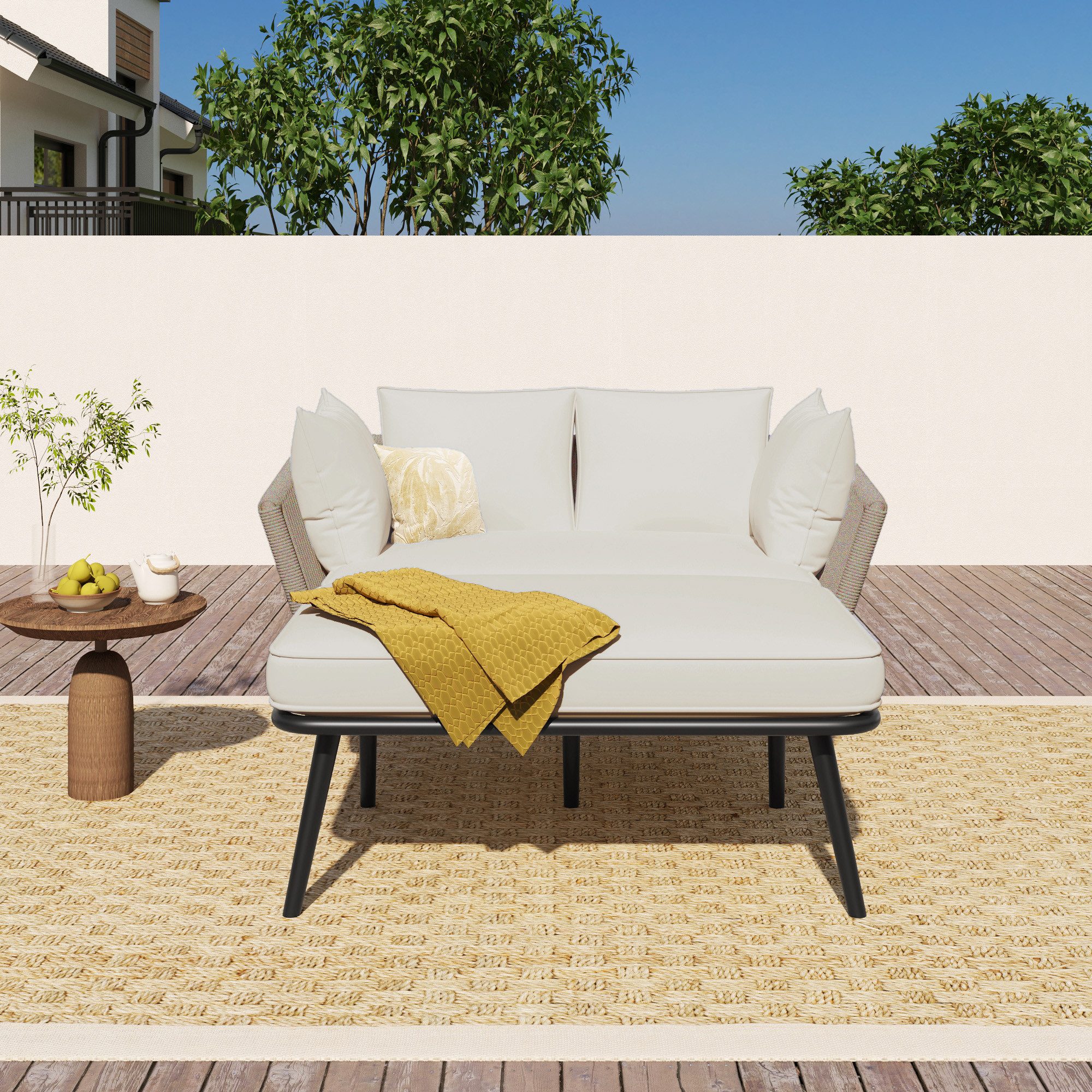 Merax Loungebett, mit Stahlrahmen und Kissen,Gartenliege,Gartenlounge,Gartenmöbel
