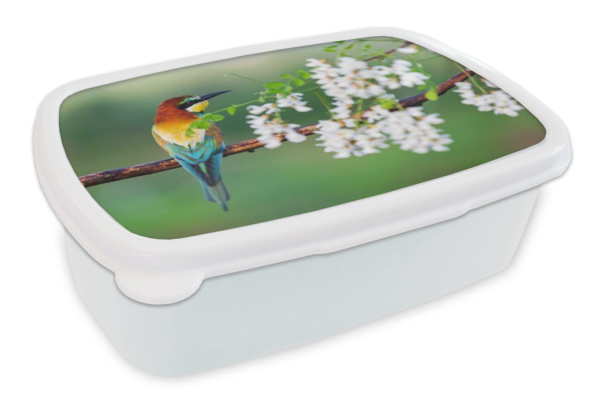 MuchoWow Lunchbox Vogel - Bienenfresser - Blumen, Kunststoff, (2-tlg), Brotbox für Kinder und Erwachsene, Brotdose, für Jungs und Mädchen weiß