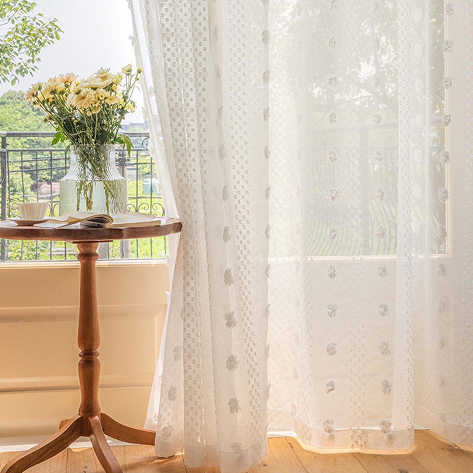 Qelus Vorhang Pompons Voile Gardinen Weiß günstig online kaufen