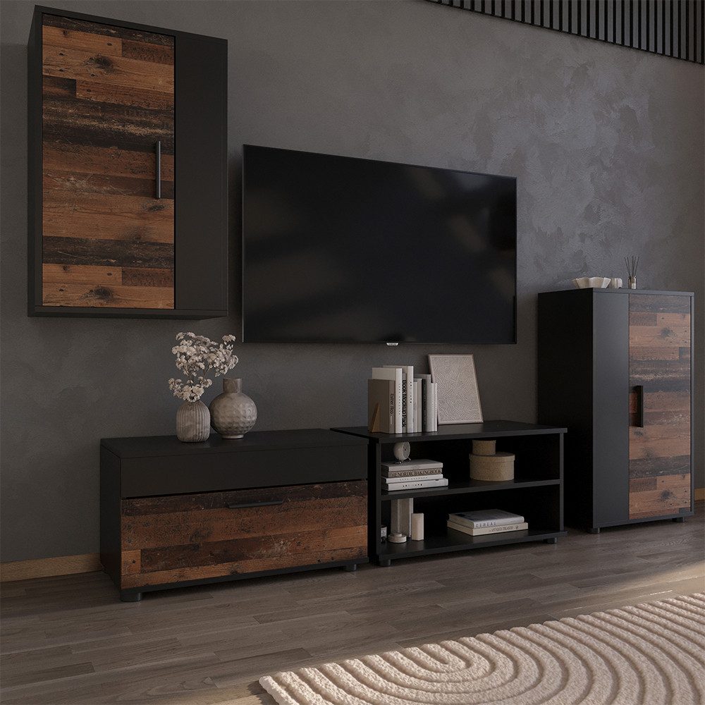 Vicco Wohnwand Berno, Schwarz/Oldstyle, 2 Teile günstig online kaufen