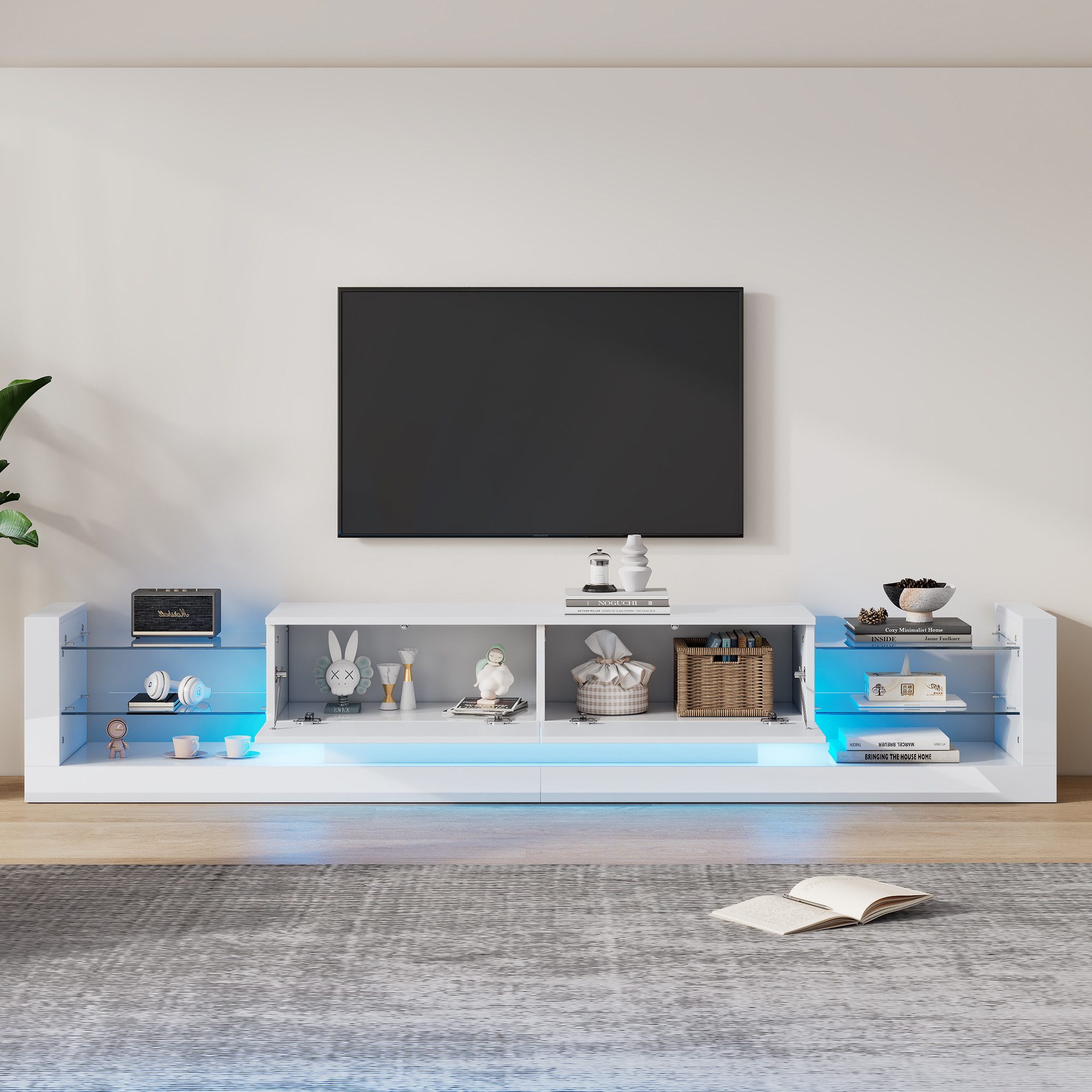MODFU Lowboard mit LED-Beleuchtung (TV-Board, Fernsehtisch, TV-Ständer, 1 St., zwei klapptür), für Fernseher bis 80 Zoll