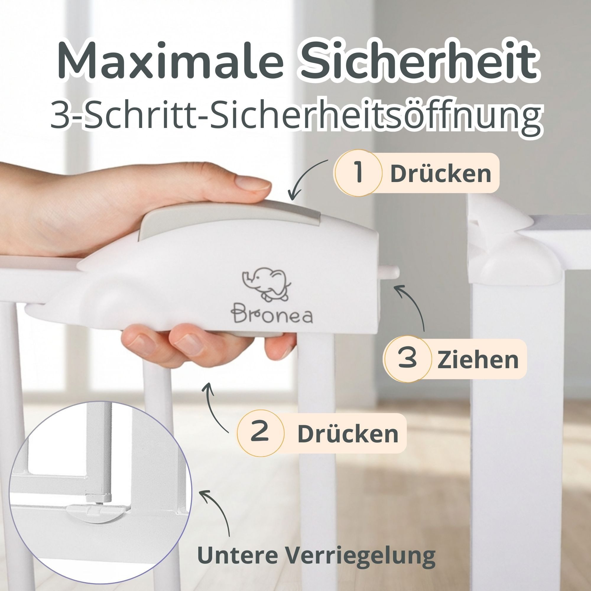 Bronea Treppenschutzgitter CLEO Türgitter ohne Bohren Kinderschutzgitter Treppengitter (zum Klemmen - ohne bohren für Tür & Treppe 75–165 cm verlängerbar, Beids – Bild 4 von 5