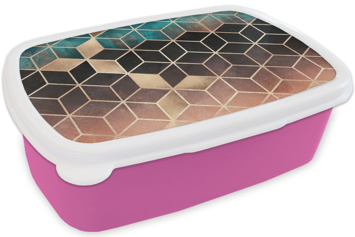 Brotbox - Brotdose Abstrakt Gold MuchoWow Luxus, Kunststoff, Erwachsene, Mädchen, - Kunststoff rosa (2-tlg), Muster Lunchbox - für Würfel Snackbox, Kinder, -