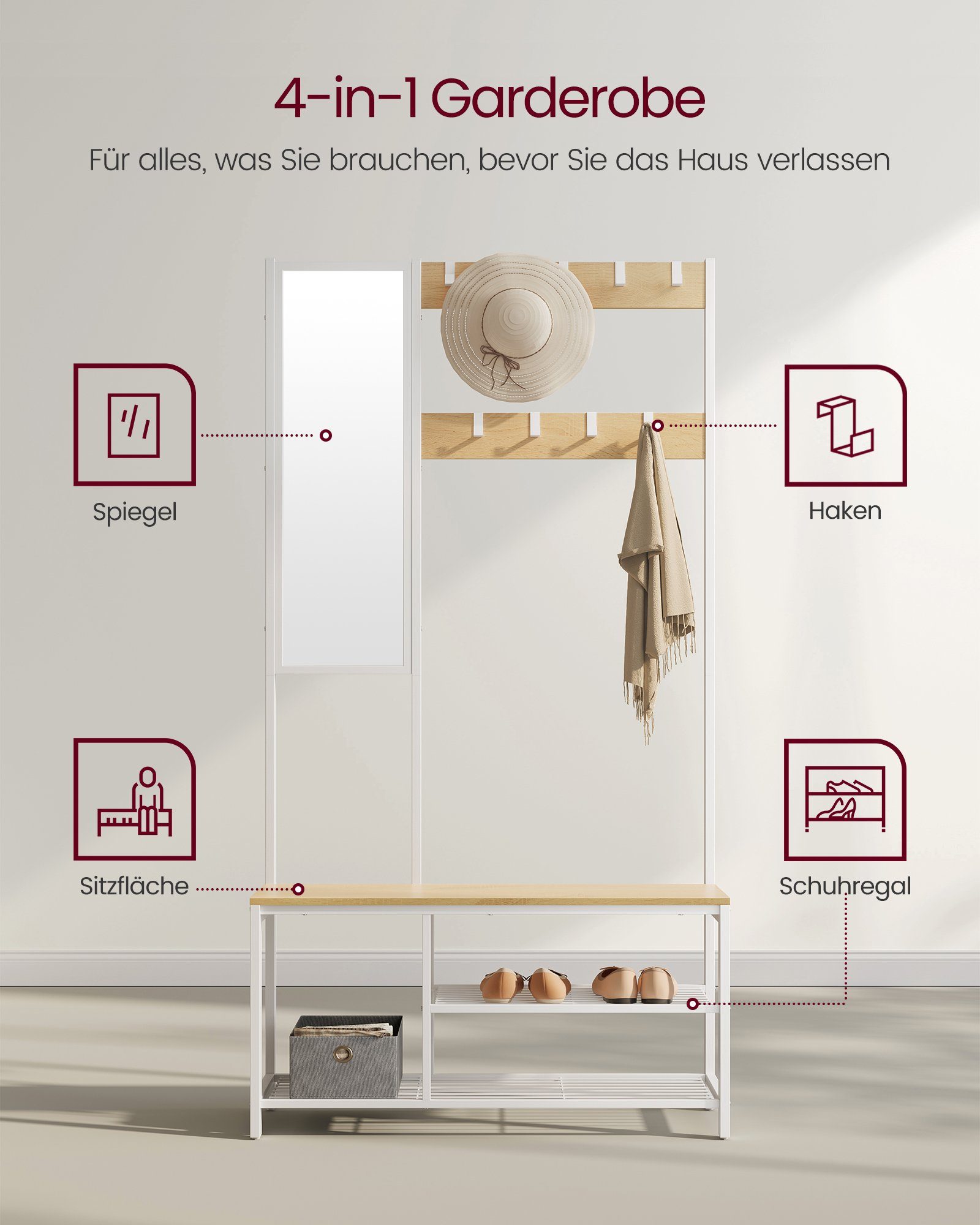VASAGLE Garderobenständer Garderobe, Spiegel, Schuhregal mit Sitzfläche