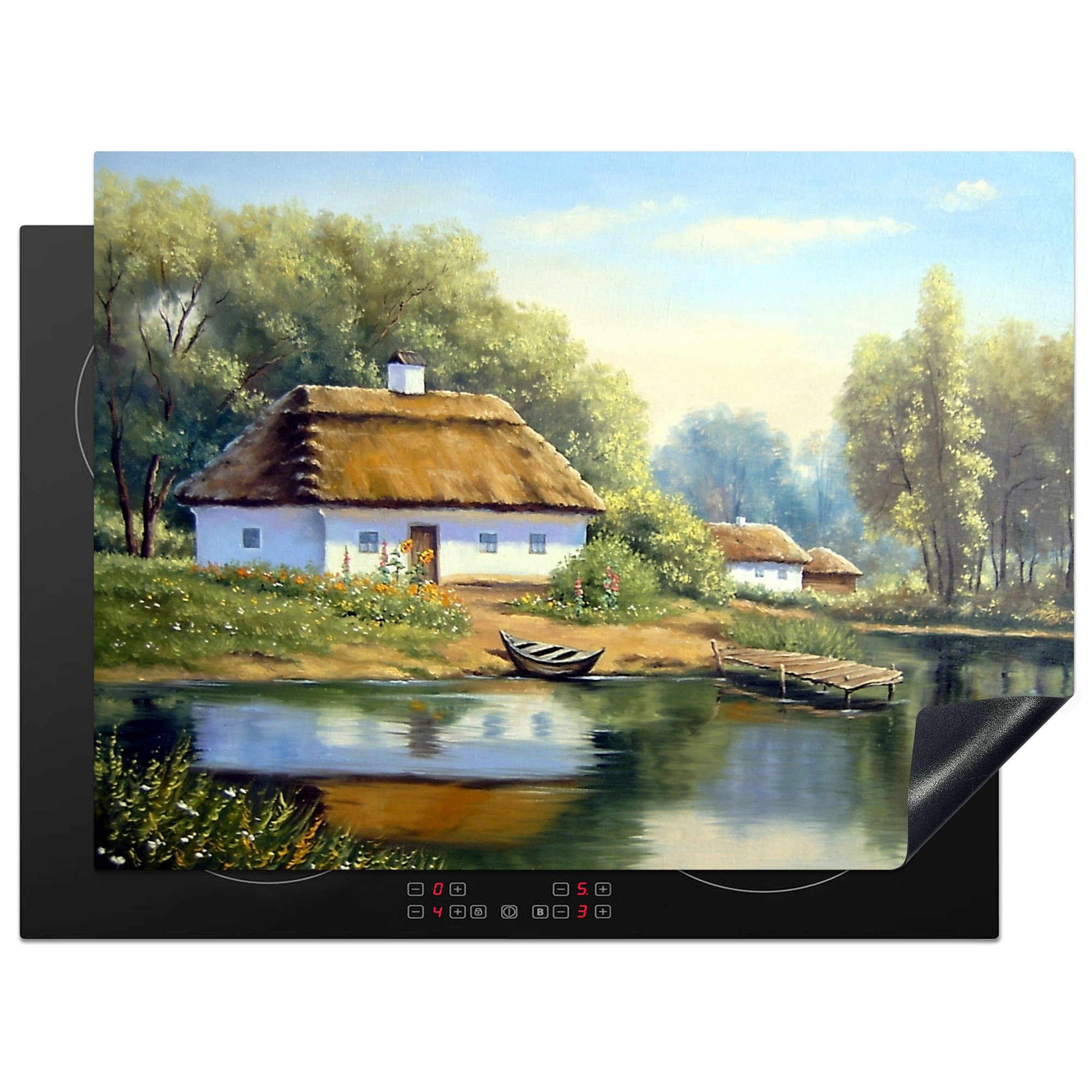 MuchoWow Herdblende-/Abdeckplatte Malerei - Haus - Natur - Wasser - Ölfarbe, Vinyl, (1 tlg), 70x52 cm, Mobile Arbeitsfläche nutzbar, Ceranfeldabdeckung