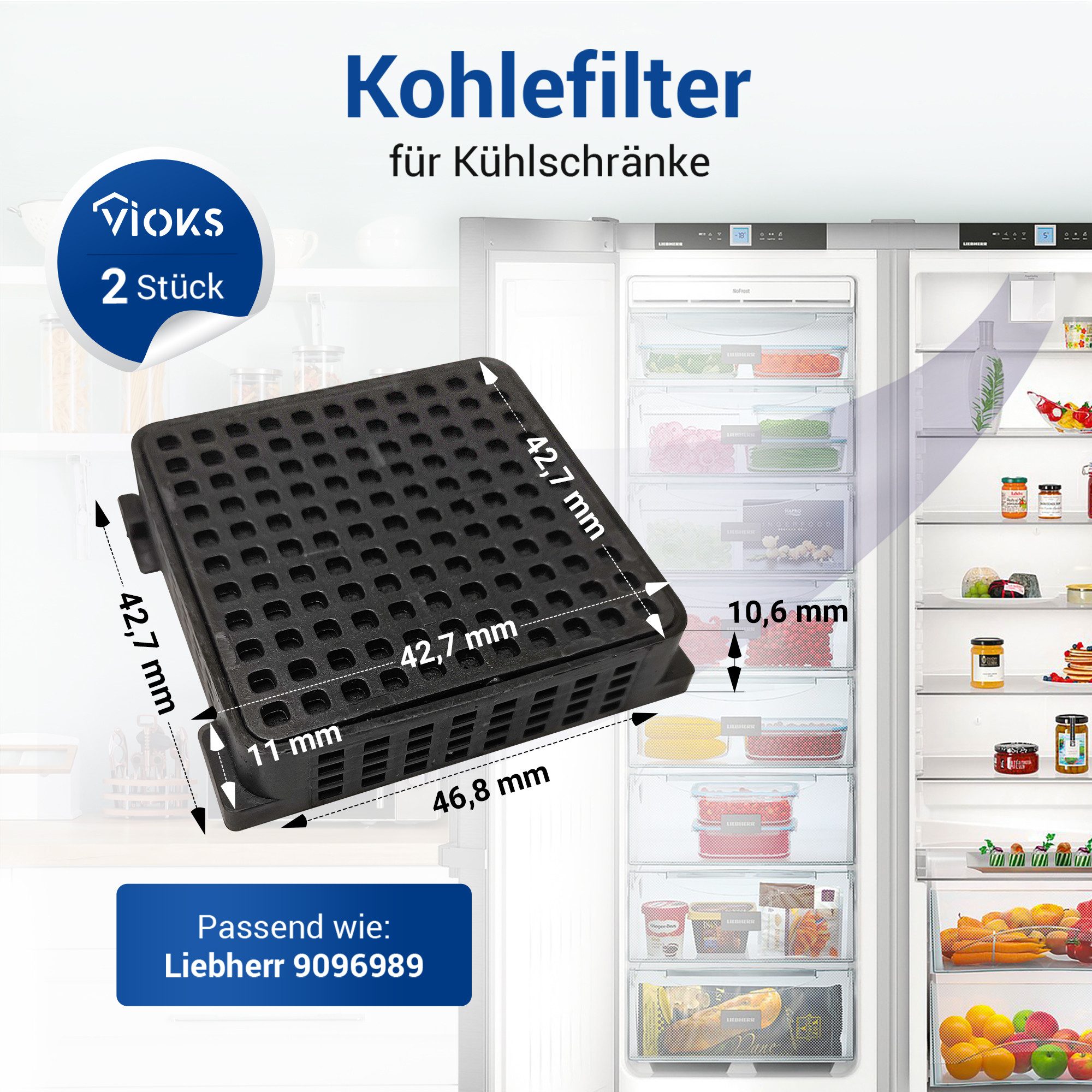 VIOKS Kohlefilter Aktivkohlefilter Ersatz für Liebherr FreshAir 9096989, für Kühlschrank KühlGefrierKombination