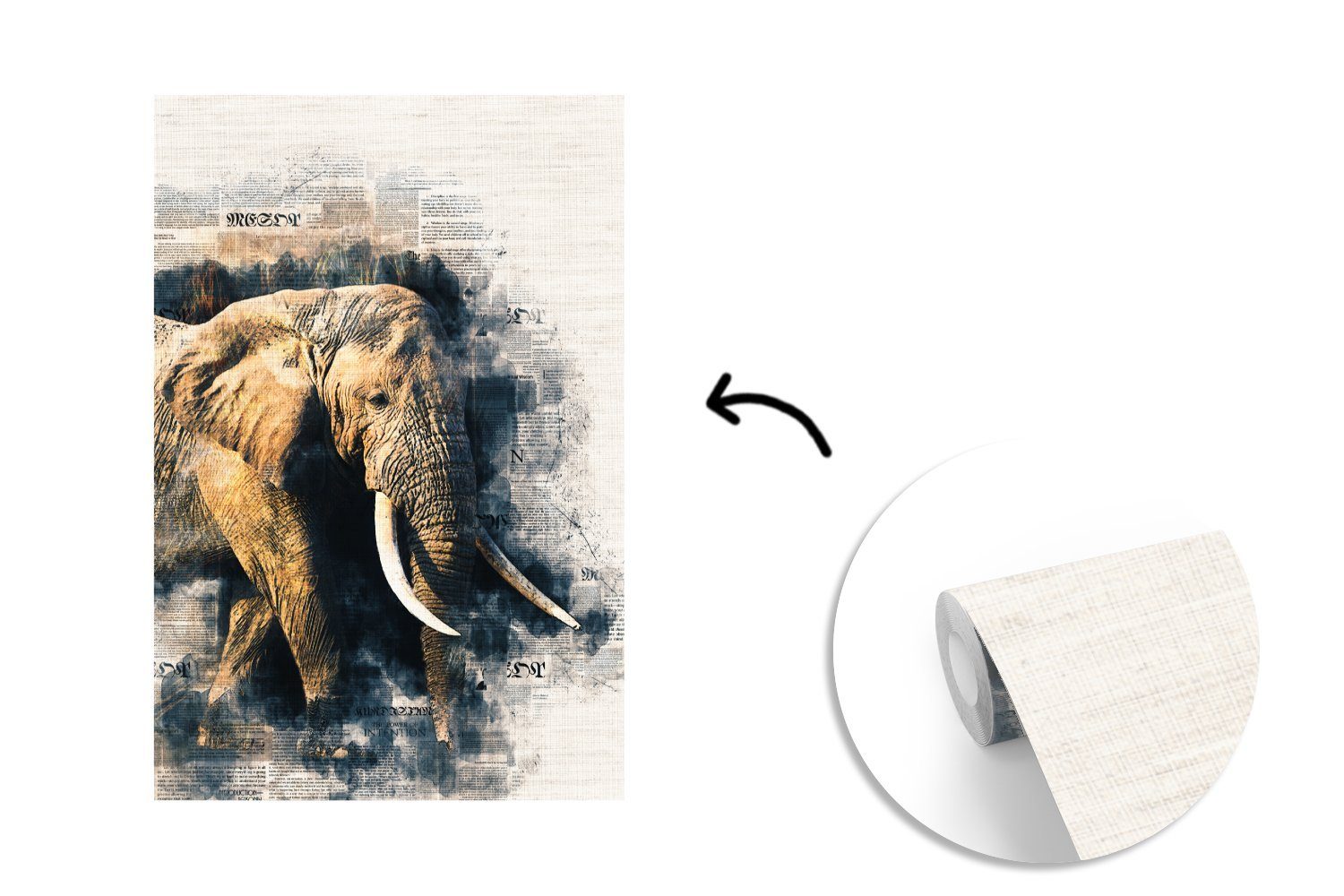 Matt, St), MuchoWow Elefant Montagefertig - (3 Wohnzimmer, für Fototapete bedruckt, Vinyl Wandtapete - Tapete Farbe Zeitungspapier,