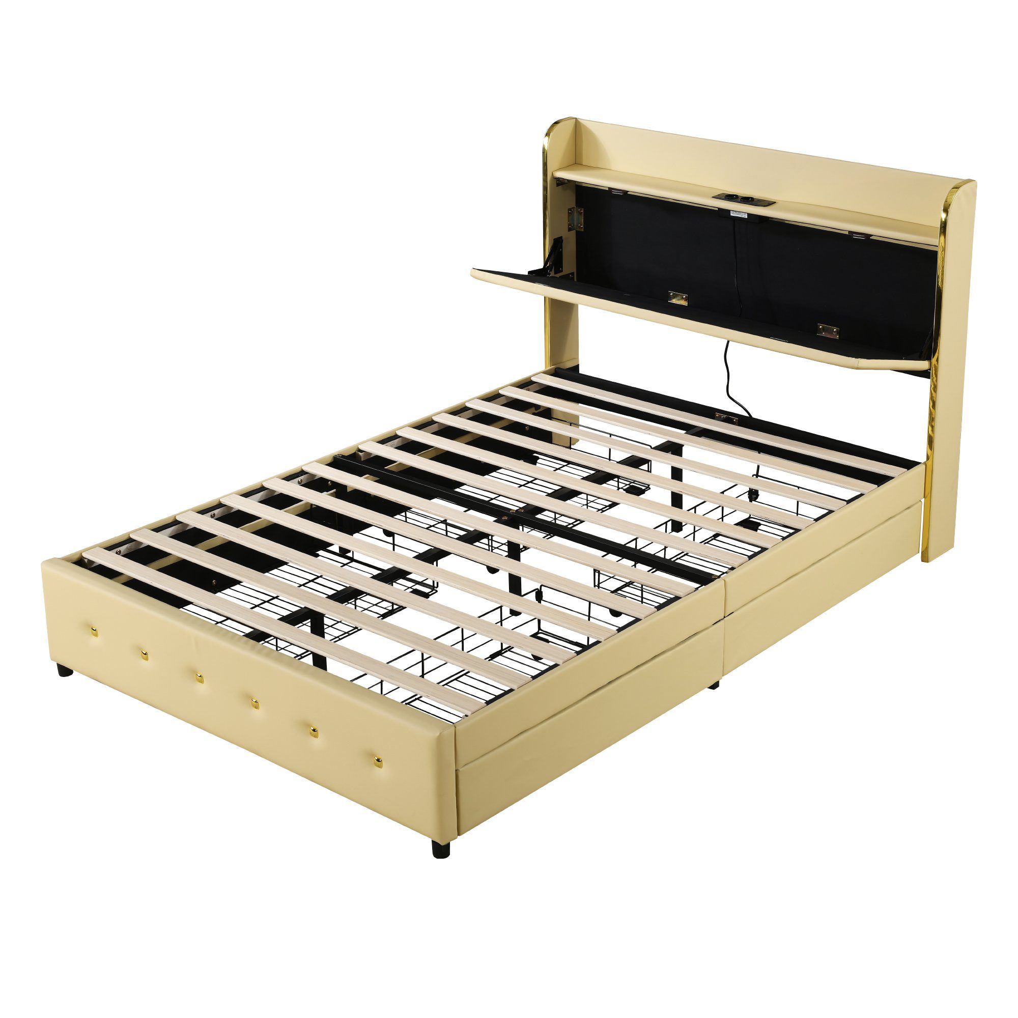 Polsterbett (Stauraumbett, Doppelbett), mit USB Typ C Ladefunktion und 4 Schubladen, Kunstleder, 140x200cm