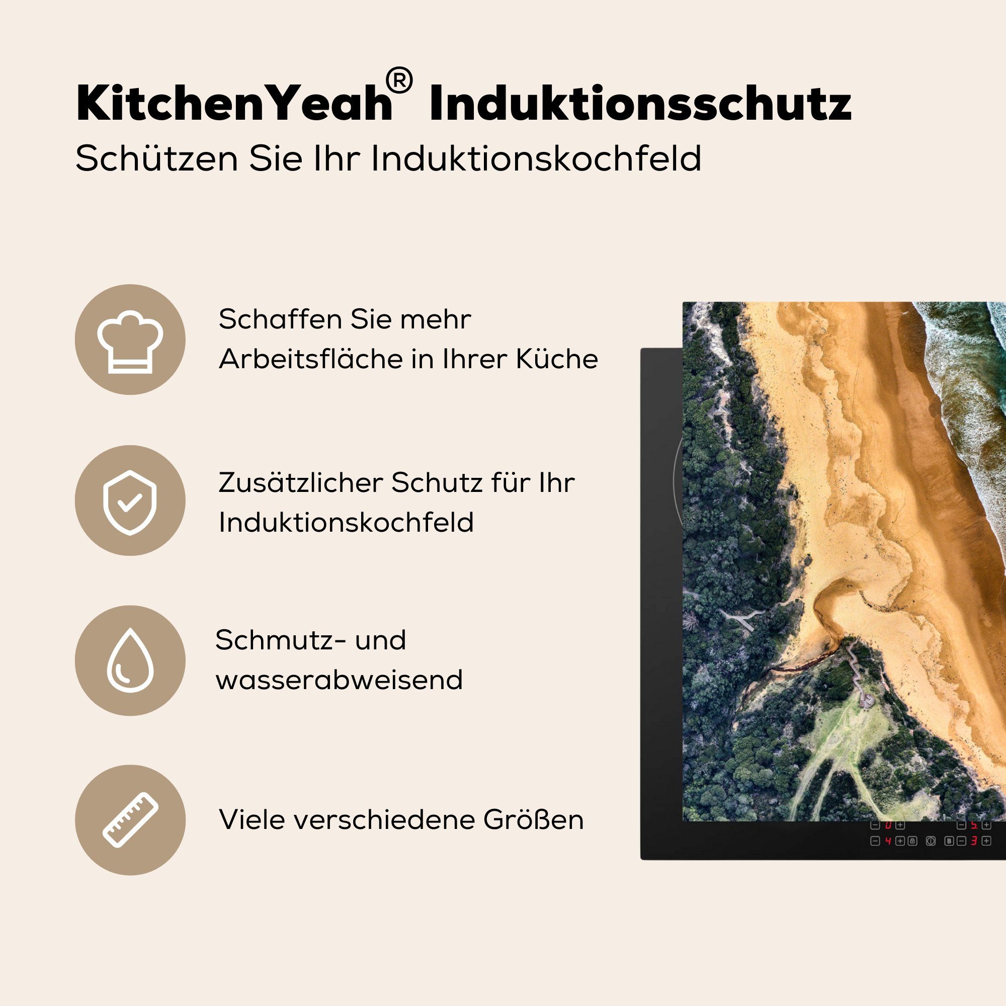 - für MuchoWow Arbeitsplatte küche Ceranfeldabdeckung, (1 tlg), Wald, Meer - Vinyl, Herdblende-/Abdeckplatte Strand cm, 78x78