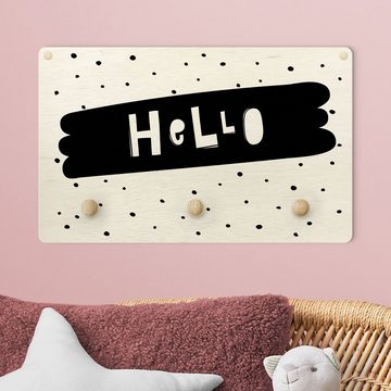 Bilderdepot24 Garderobenpaneel schwarz Illustration Spruch Hello auf Pinselstrich Schwarz (Kindergarderobe Holz Kleiderhaken für die Wand inkl. Montagematerial), moderne Wand Garderobenleiste Flur - kleine Hakenleiste Kinderzimmer