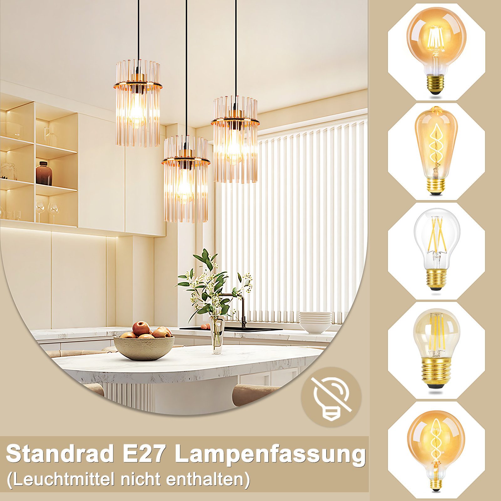 ZMH Pendelleuchte Esstisch Hängelampe 2/3/5 Flammig mit Glas & Metall E27, ohne Leuchtmittel, moderne Pendelleuchte höhenverstellbar für Esszimmer Bar, Hotel