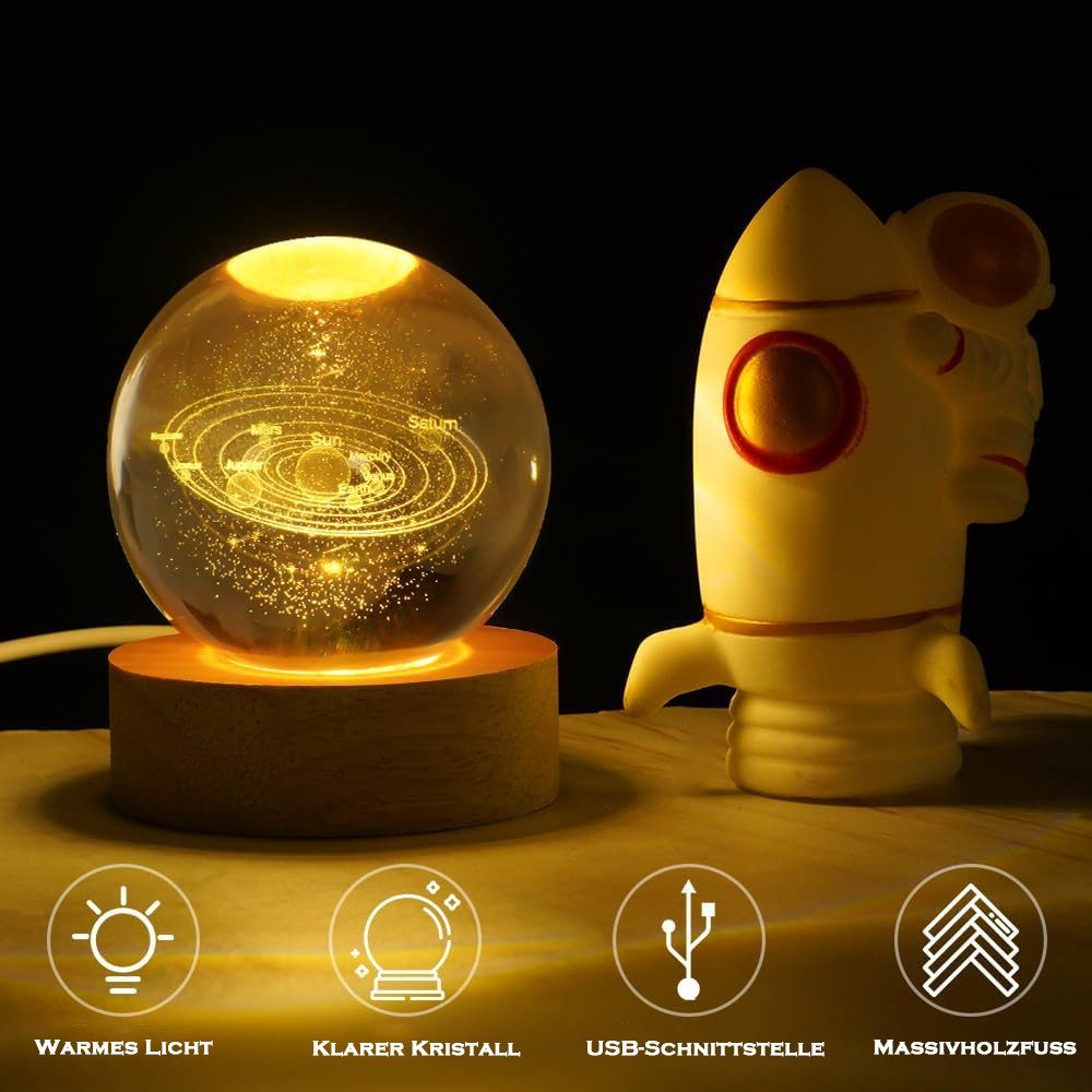 TUWENA LED Nachtlicht 3D Kristall Kugel Nachtlicht, 8cm Glaskugel-Nachtlampe mit Holzsockel, USB betrieben kugeln Lampe, Dekorationen, Geschenke für Frauen, Kinder