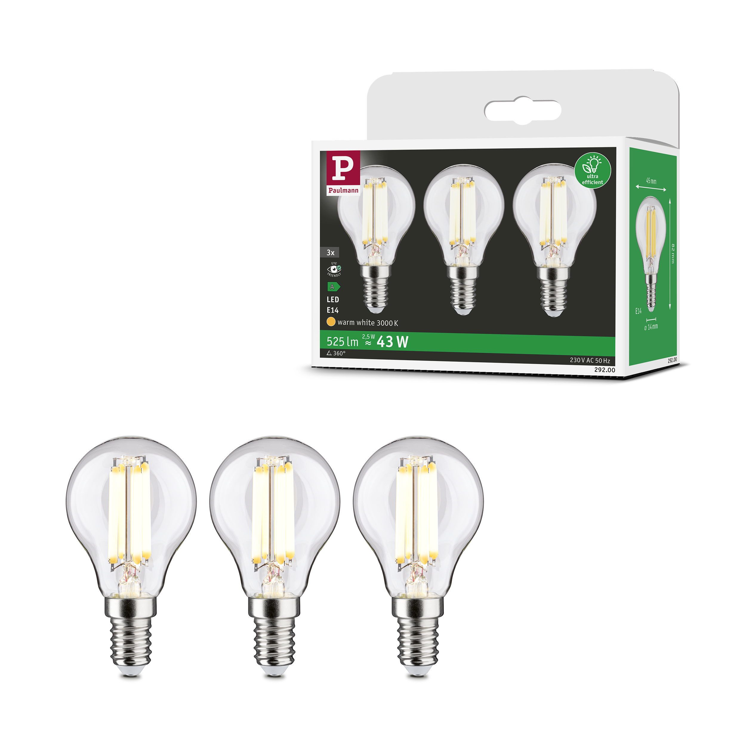 LED-Leuchtmittel Eco-Line Filament 230V LED Tropfen E14 3er-Pack 525lm 2,5W 3000K Klar