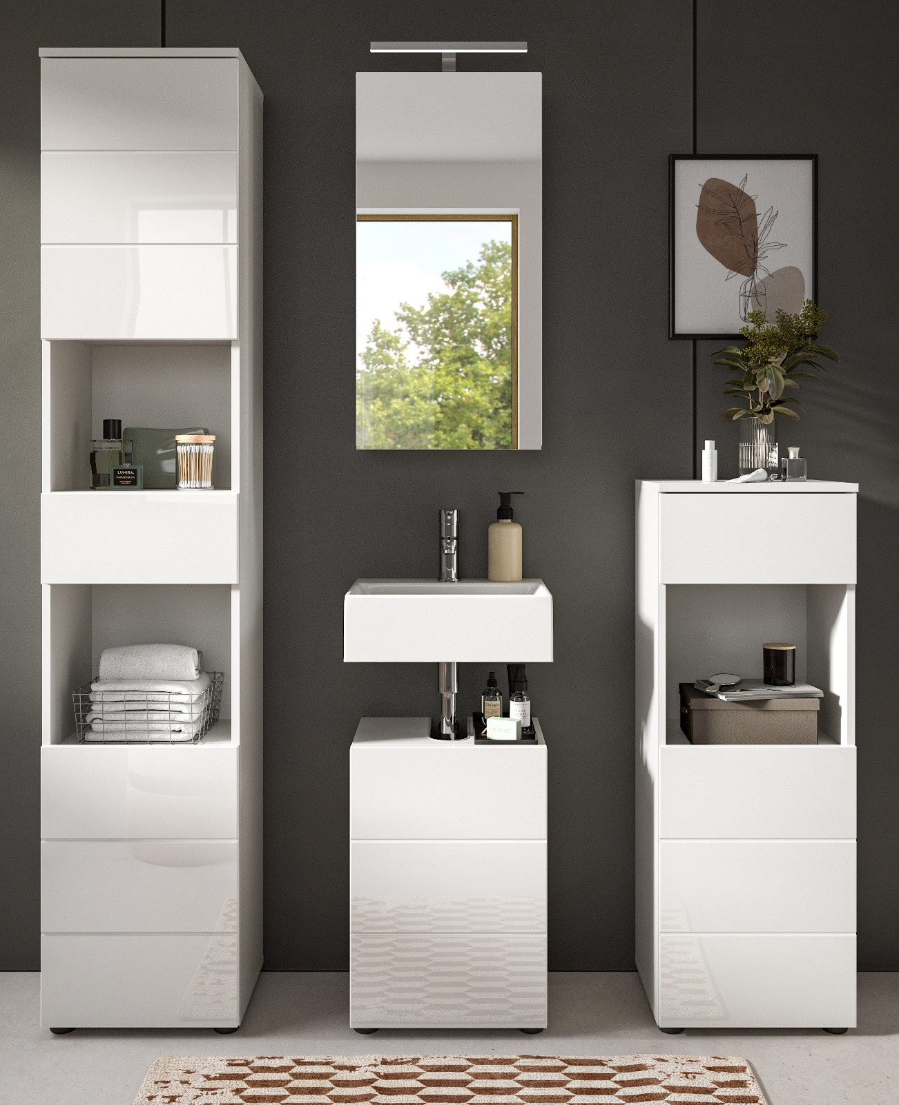 Inn.Furn Badmöbel-Set Larik, (Badezimmer in weiß Hochglanz, 4-teilig, 140 x 190 cm), viel Stauraum auf wenig Fläche