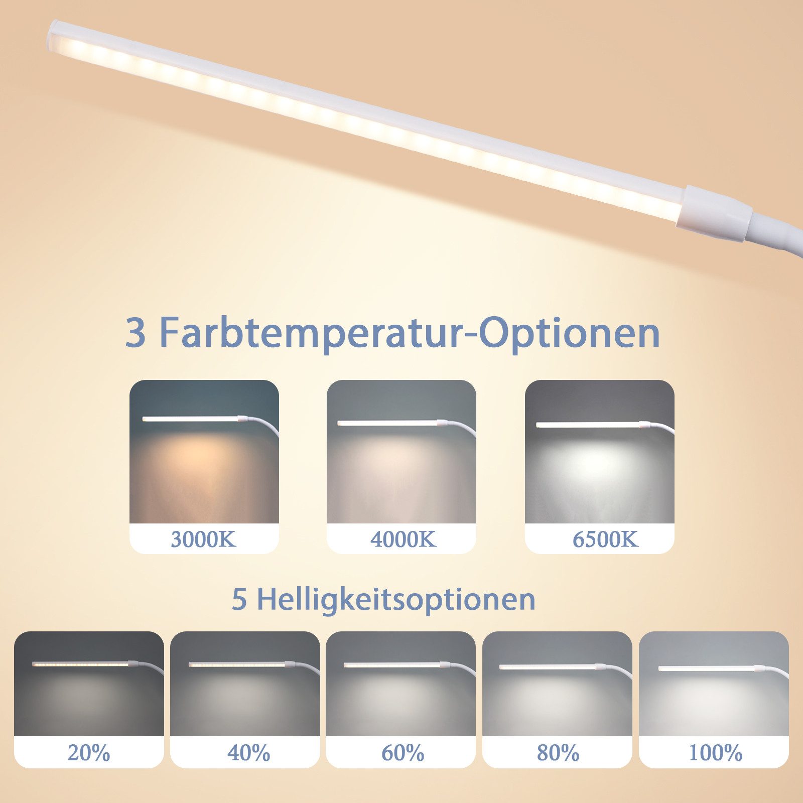 ZMH LED Tischleuchte LED Klemmbar - Schwarz/Weiß Tageslichtlampe USB 5W Büro Schreibtisch, Augenschutz, Einfache Installtion, LED fest integriert, 3000/4000/6500K, Arbeitsplatzleuchte mit 3 Farbtemperatur und 5 Helligkeitsstufen