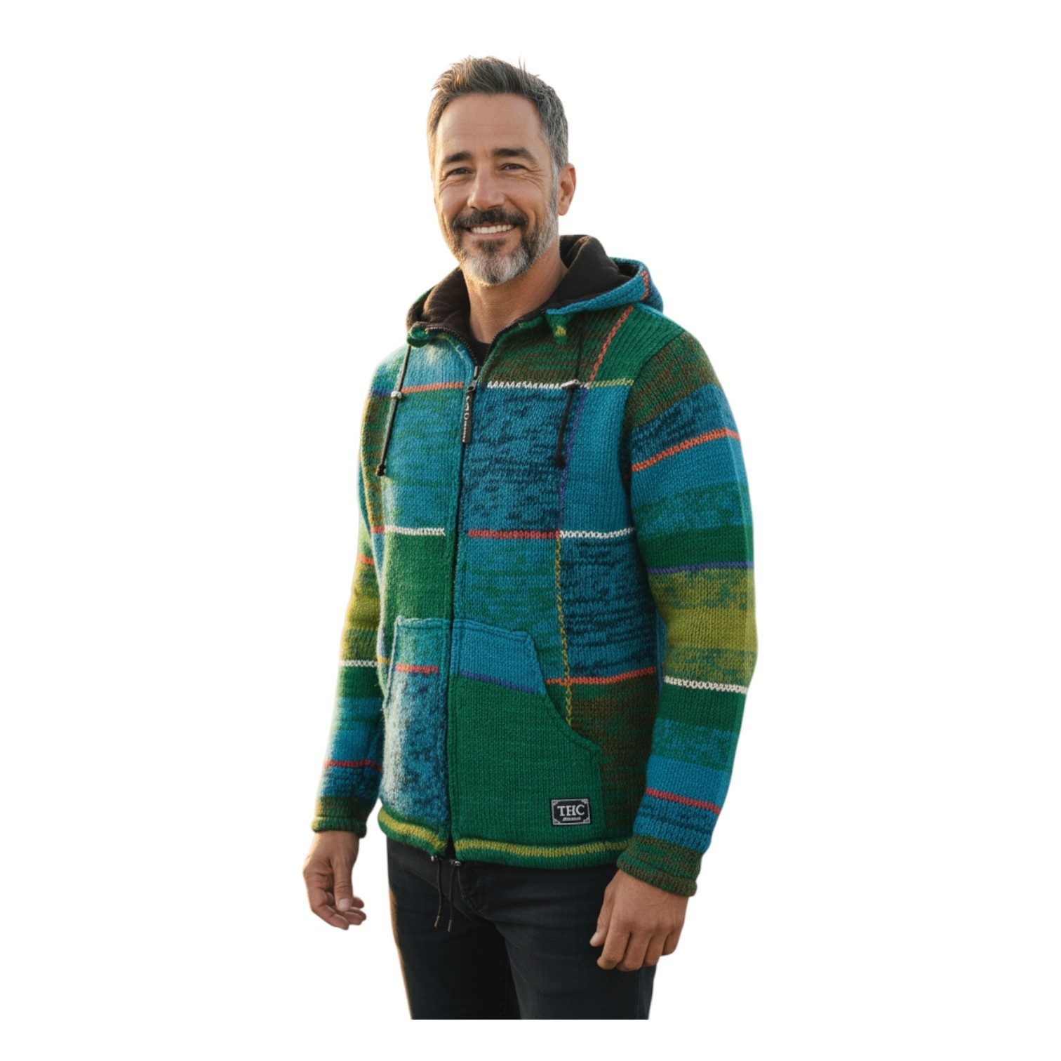 THC Natural Line Strickjacke THC Strickjacke 826 Quadrate grün blau (1 Stück, 1-tlg., 1 Stück) abnehmbare Kapuze