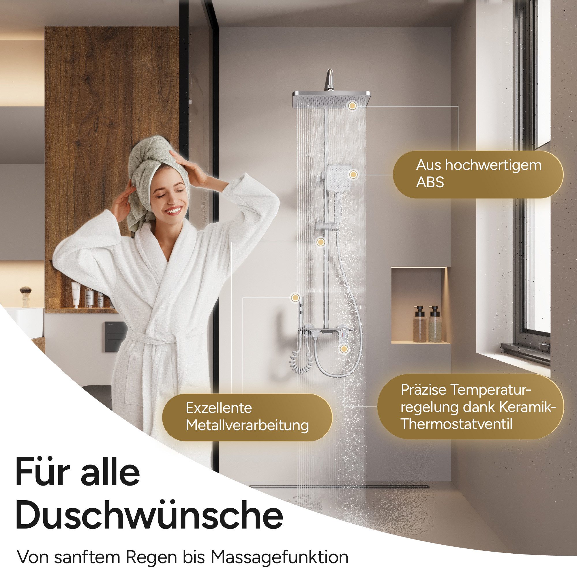 AQUANOBLE SYSTEMS Badarmatur Duschsystem Messing 4 Funktionen (komplett Set) Keramik Mischventil, Edelstahl Duschsäule, Höhenverstellbar