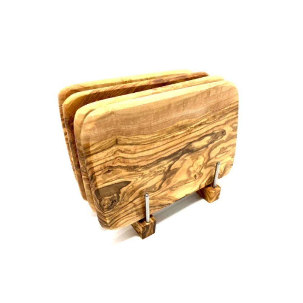 Olivenholz-erleben Frühstücksbrett Halter für bis zu 4 Frühstücksbrettchen Olivenholz, Olivenholz und Edelstahl, (1-St., ohne Brettchen), Platzsparende Aufbewahrung für bis zu 4 Brettchen an einem Ort