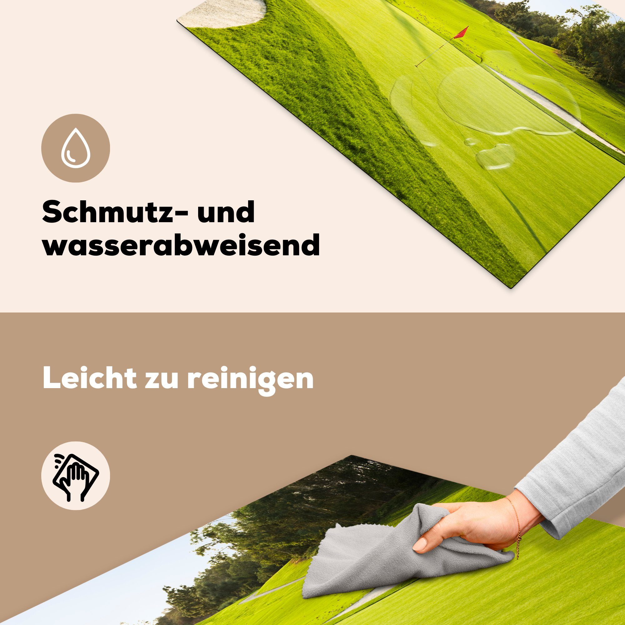 dem Schutz (1 auf cm, für Sandbänken die Vinyl, Flagge umgebenen Induktionskochfeld küche, von MuchoWow Ceranfeldabdeckung tlg), Herdblende-/Abdeckplatte Golfplatz, 81x52