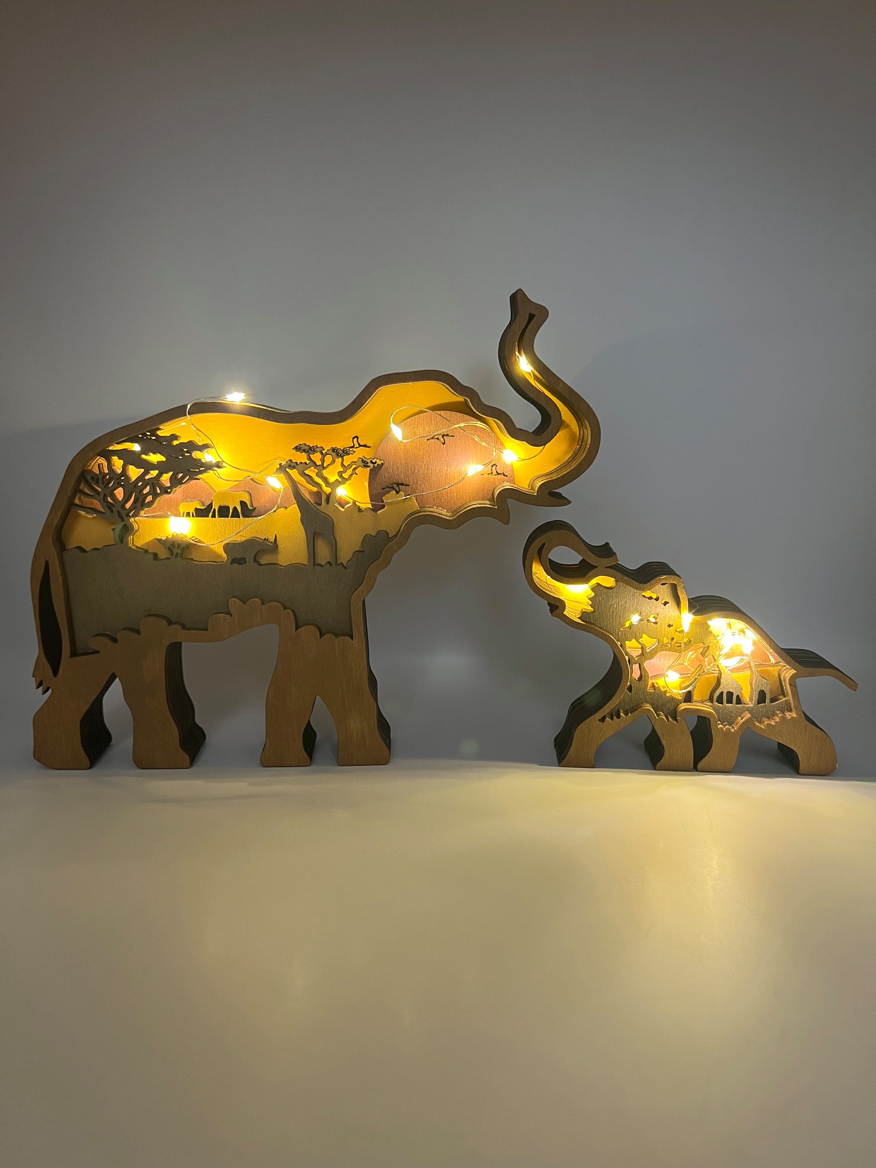 Stelby Dekofigur Tischdekoration Elefant Holzmodell mit Led Lichtern