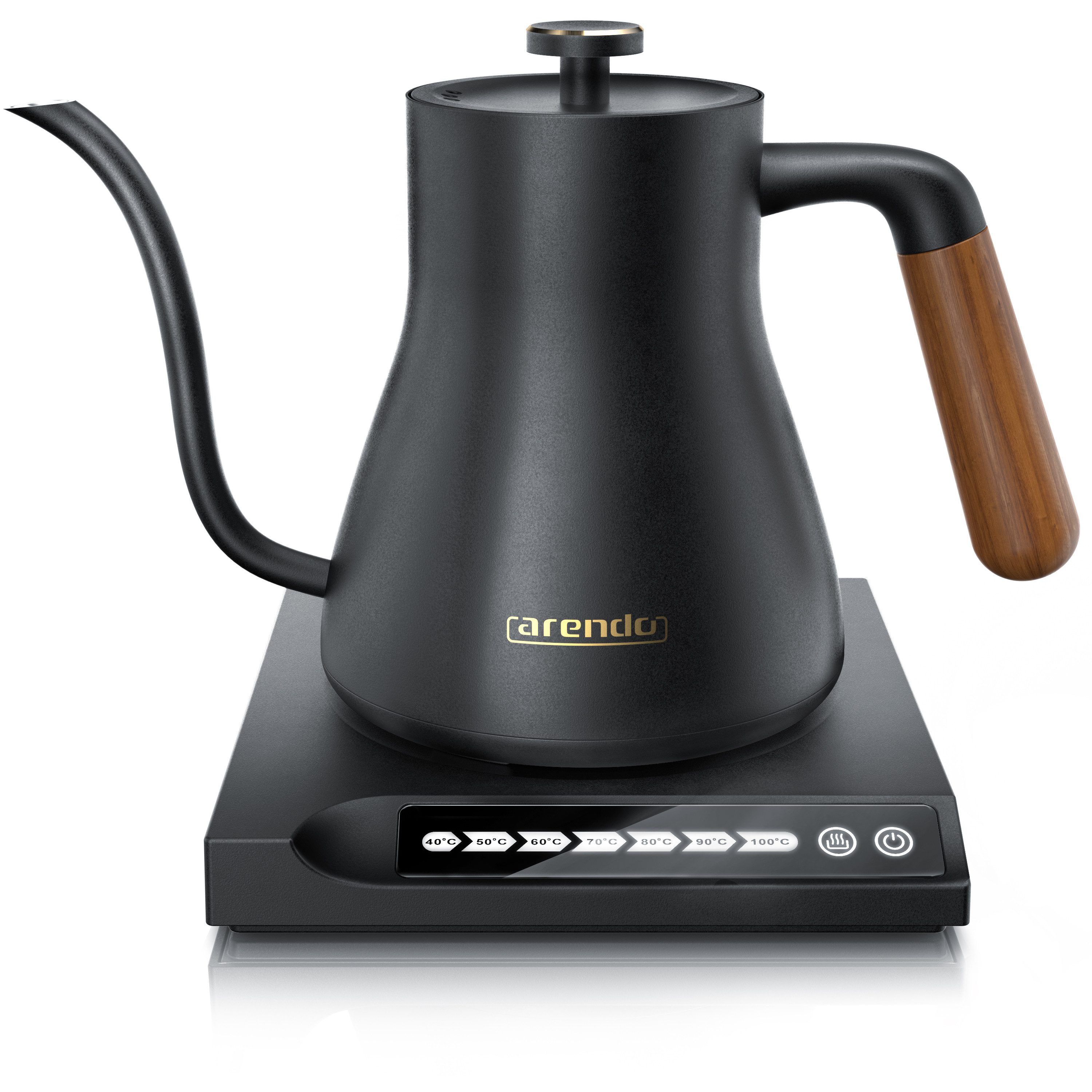 Arendo Wasserkocher aus Edelstahl, mit Temperatureinstellung, Griff aus Echt Holz, Retro, 0,5 l, 1000 W, Mini, Temperaturwahl 40° - 100°, Warmhaltefunktion 30 Min, Teekocher