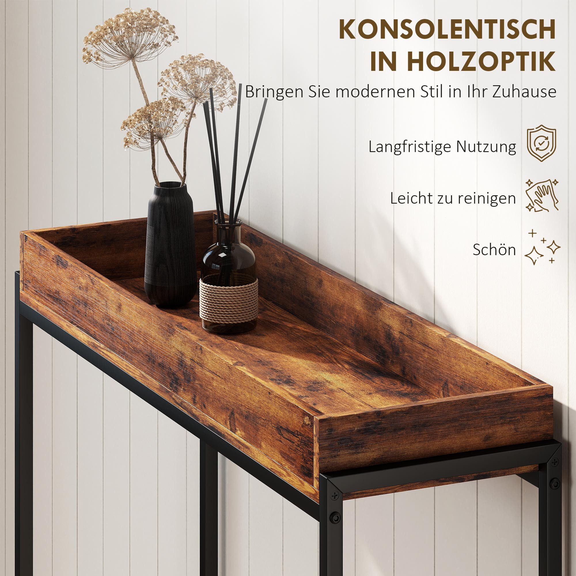 HOMCOM Konsolentisch mit Geländer (Beistelltisch, 1-St., Flurtisch), für Kleinen Raum, Eingang, Flur, Wohnzimmer Rustikal Braun – Bild 4 von 5