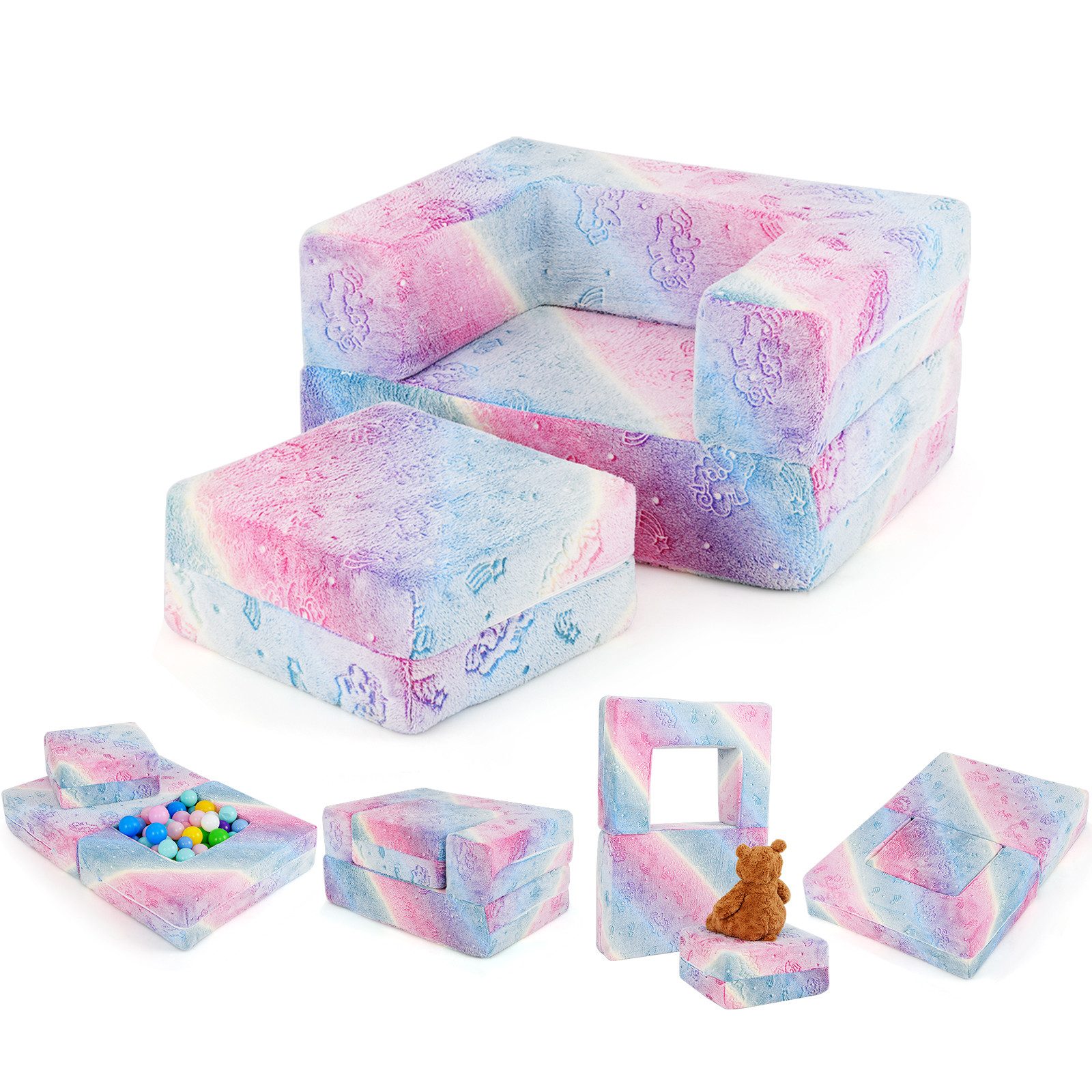 KOMFOTTEU Kindersofa, ausklappbar mit leuchtenden Mustern & abnehmbarem Flanellbezug