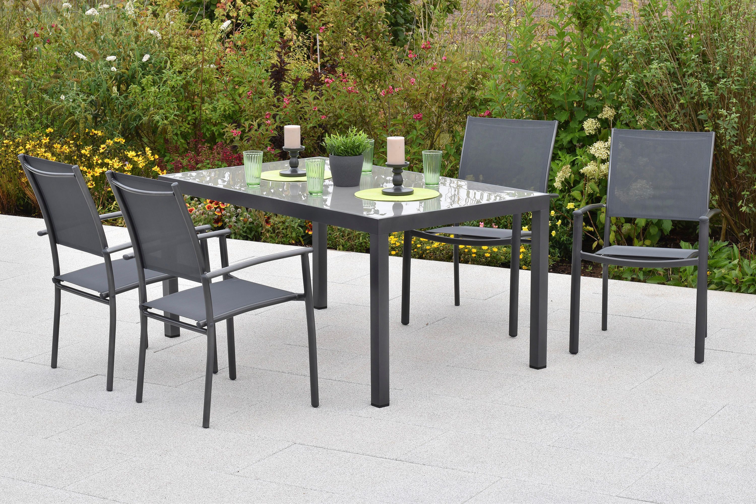 MERXX Garten-Essgruppe »Milano«, (Set, 5-tlg), Sessel stapelbar, graue Glasplatte