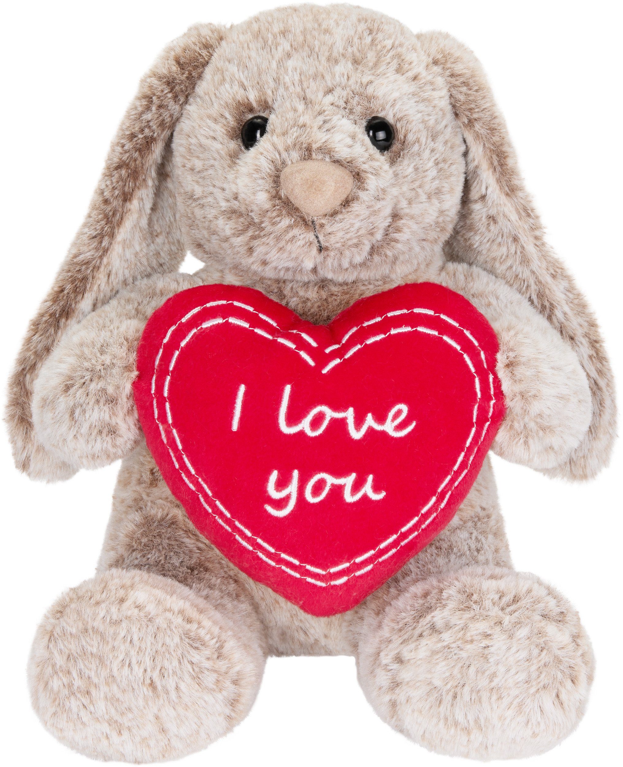 BRUBAKER Kuscheltier Hase mit Schlappohren und I Love You Herz Rot (1-St., Geschenk-Set), 28 cm Plüschhasen Geschenk - Stofftier Kuschelhase - Plüschtier Kuscheltier Häschen Kaninchen Grau Braun