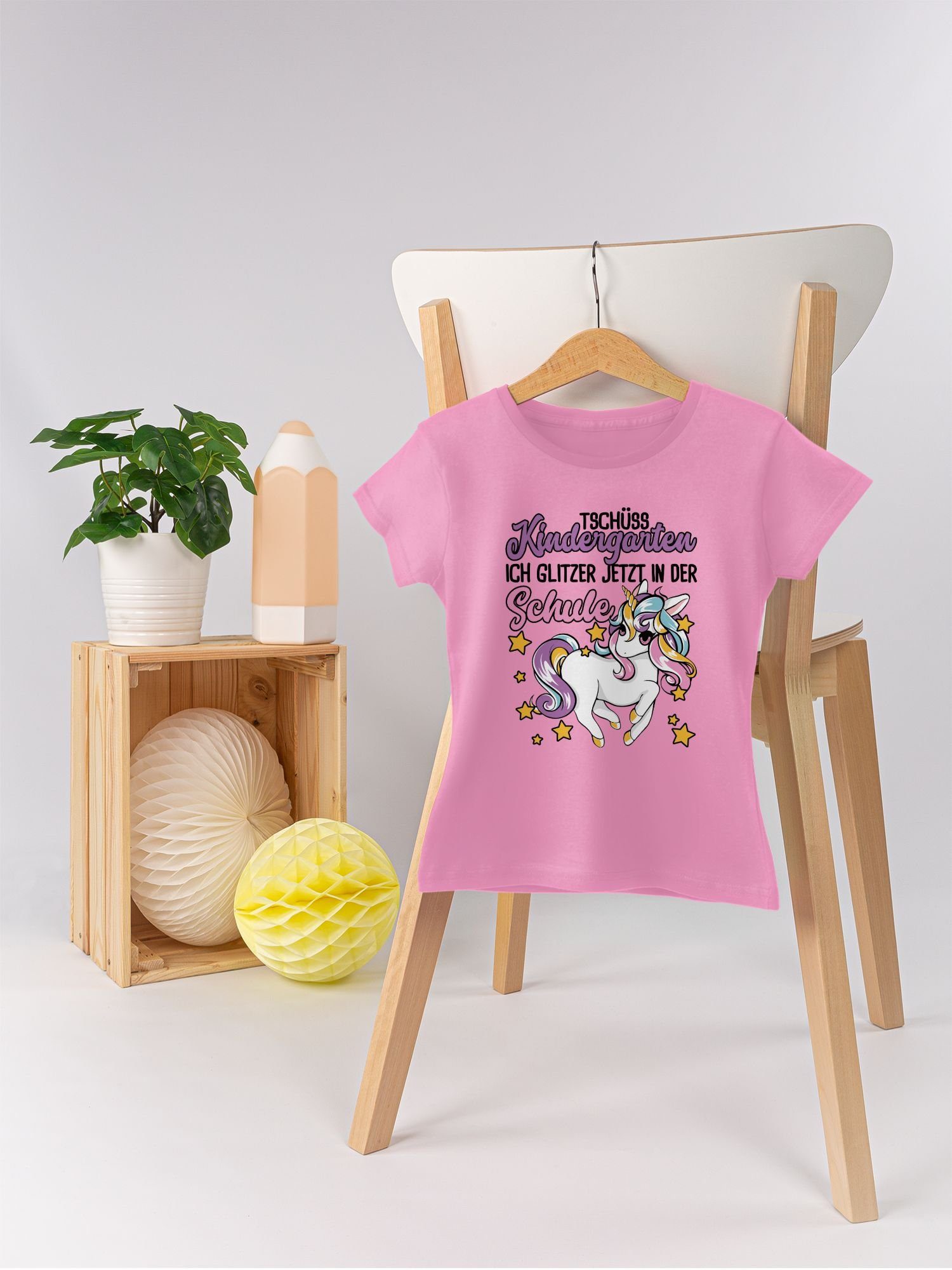 Shirtracer T-Shirt Tschüss Kindergarten Einhorn in der 3 jetzt Glitzer Einschulung Rosa - Schule Mädchen