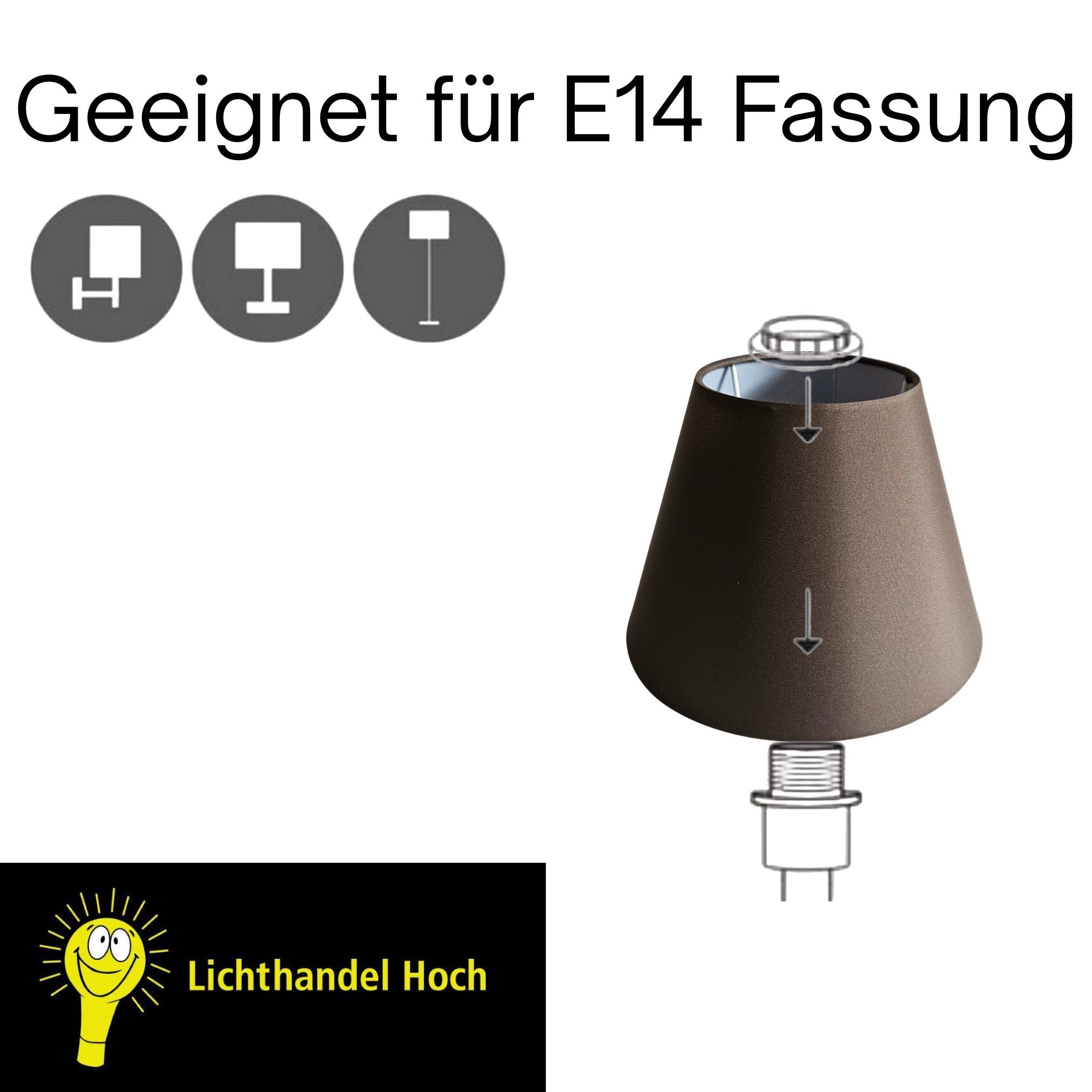 Lichthandel Hoch Lampenschirm E14 Tischlampe braun / cappucino konisch Leuchtenschirm Ersatzschirm, Einfache Montage auf handelsüblichen Lampenfassungen – Bild 3 von 5