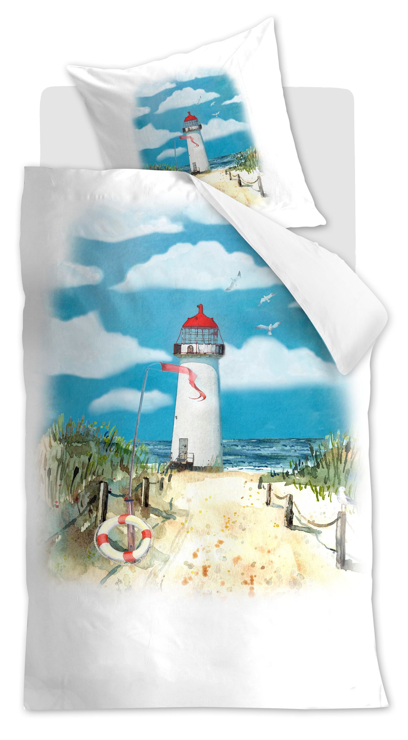Beddinghouse Bettwäsche Ambiante, Baumwolle, Leuchtturm, aquarell, blau, weiß