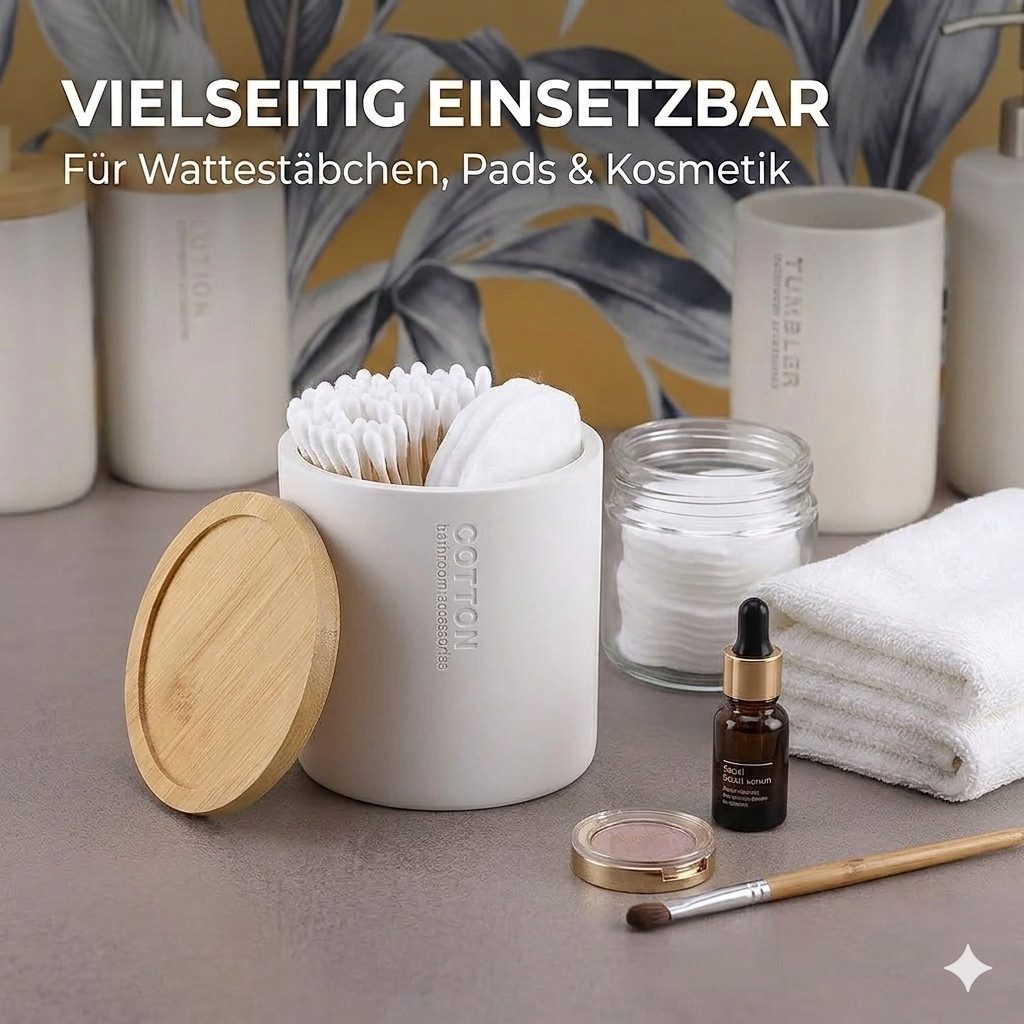 TENDANCE Wattestäbchenspender Wattedose Wattepadspender Kosmetikdose Wattebehälter Polyresin/Bambus