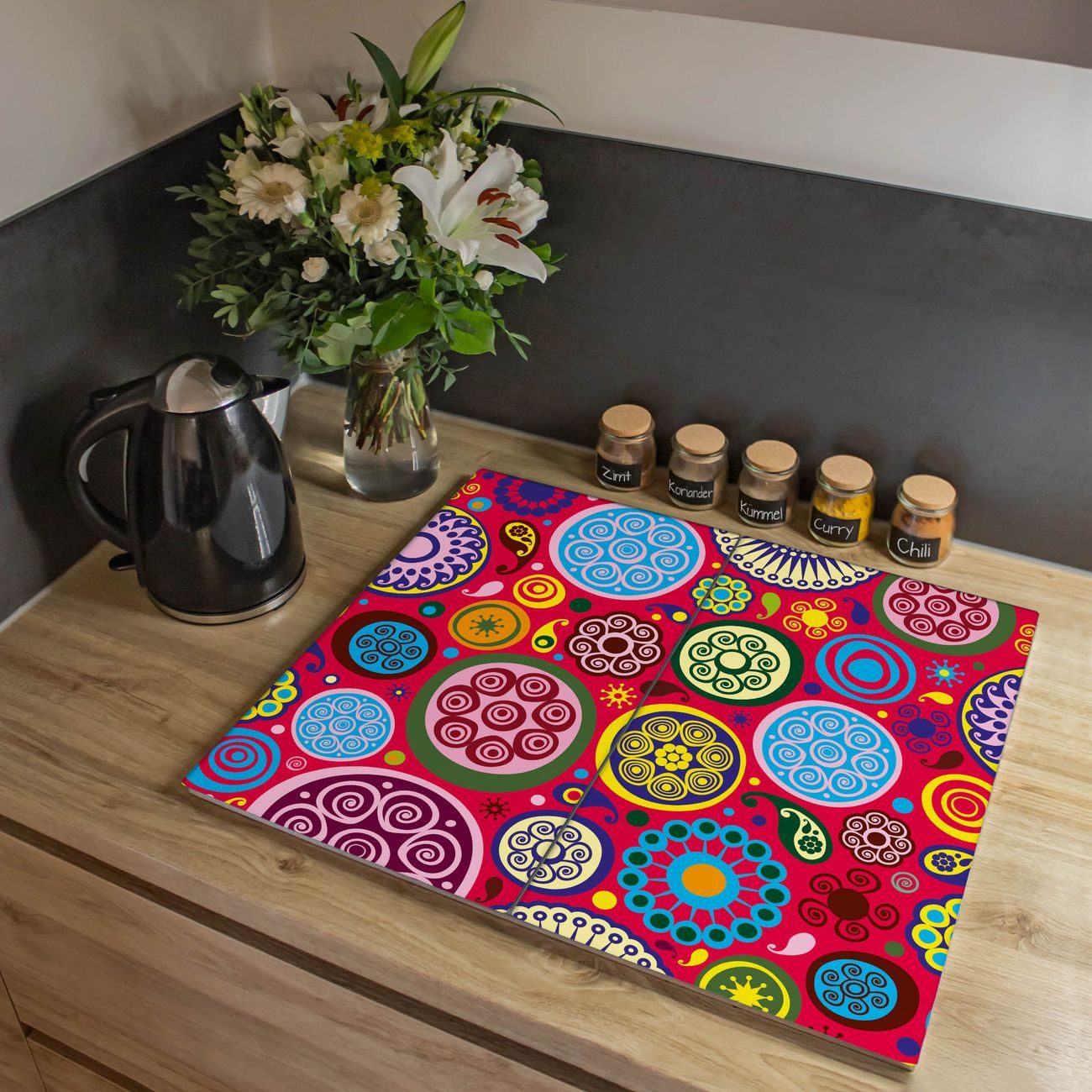 banjado Herd-Abdeckplatte zweiteilig aus Glas mit Motiv Retro Kreise, (gehärtet, 2 tlg., inkl. selbstklebende Gummifüßchen)