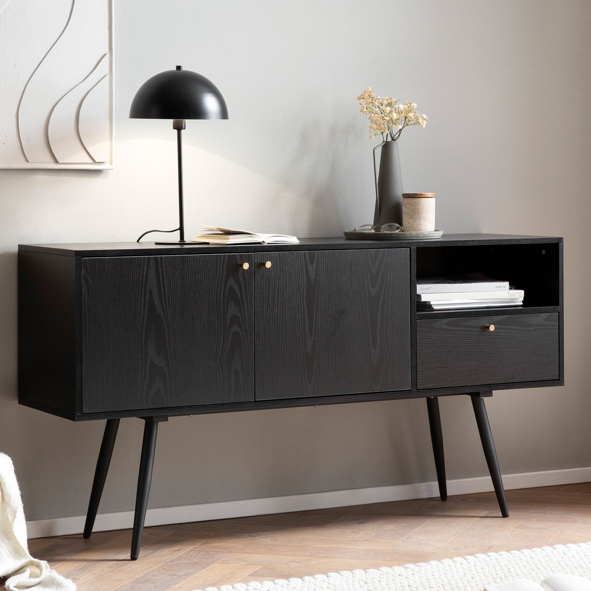 FINEBUY Sideboard FB100035 140cm Eiche Dekor Schwarz mit 2 Türen Schublade & Ablage (Eiche-Dekor Schwarz, 140x75x40 cm Anrichte), Hoher Kommodenschrank, Kommode 2 Türen